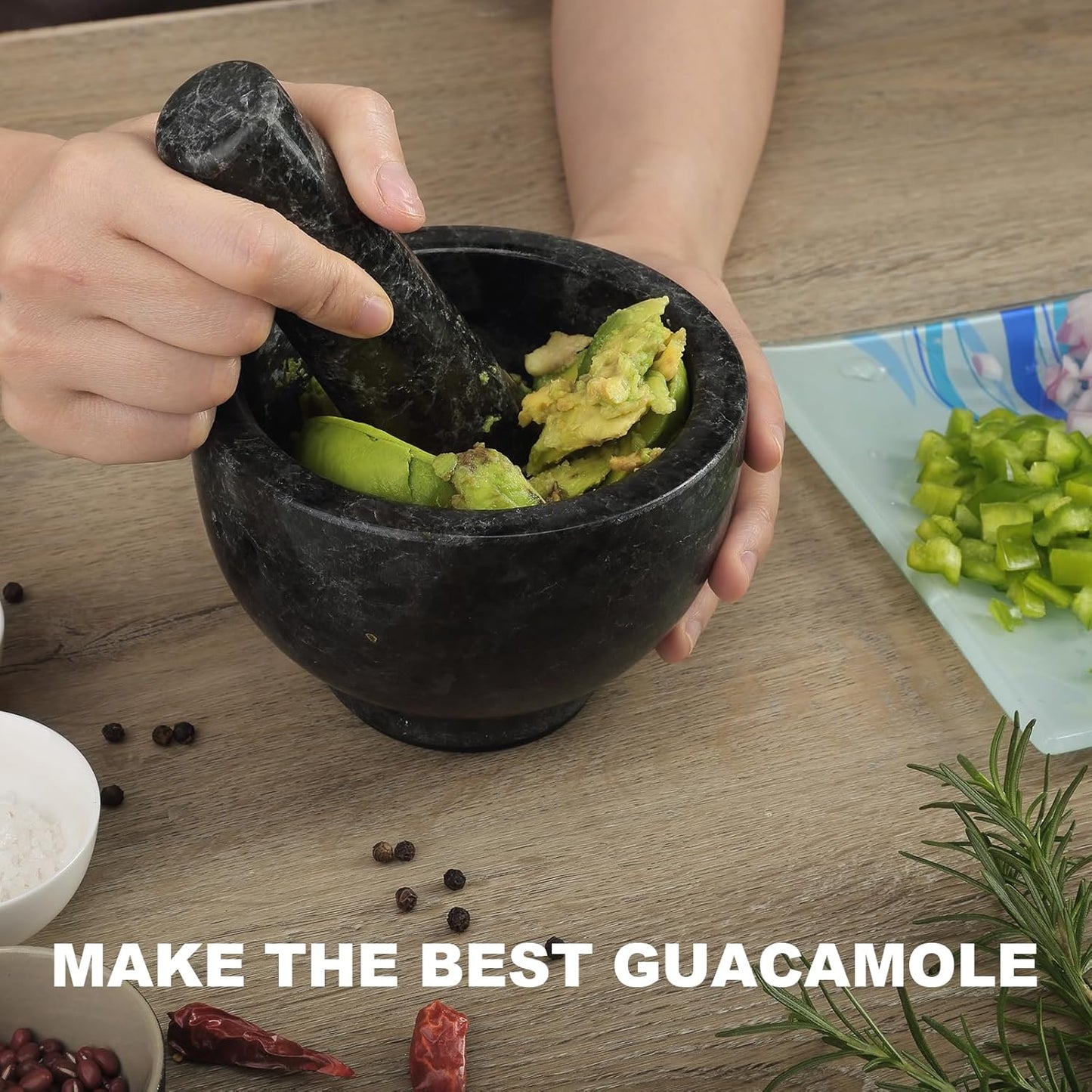 Koville African Natural Granite Mortar and Pestle Set, Grinder Bowl for Guacamole, Salsa, Pill Crusher, Spice, Herb, Garlic, Nut, Heavy Duty Grinder for Kitchen (Glossy Finish)