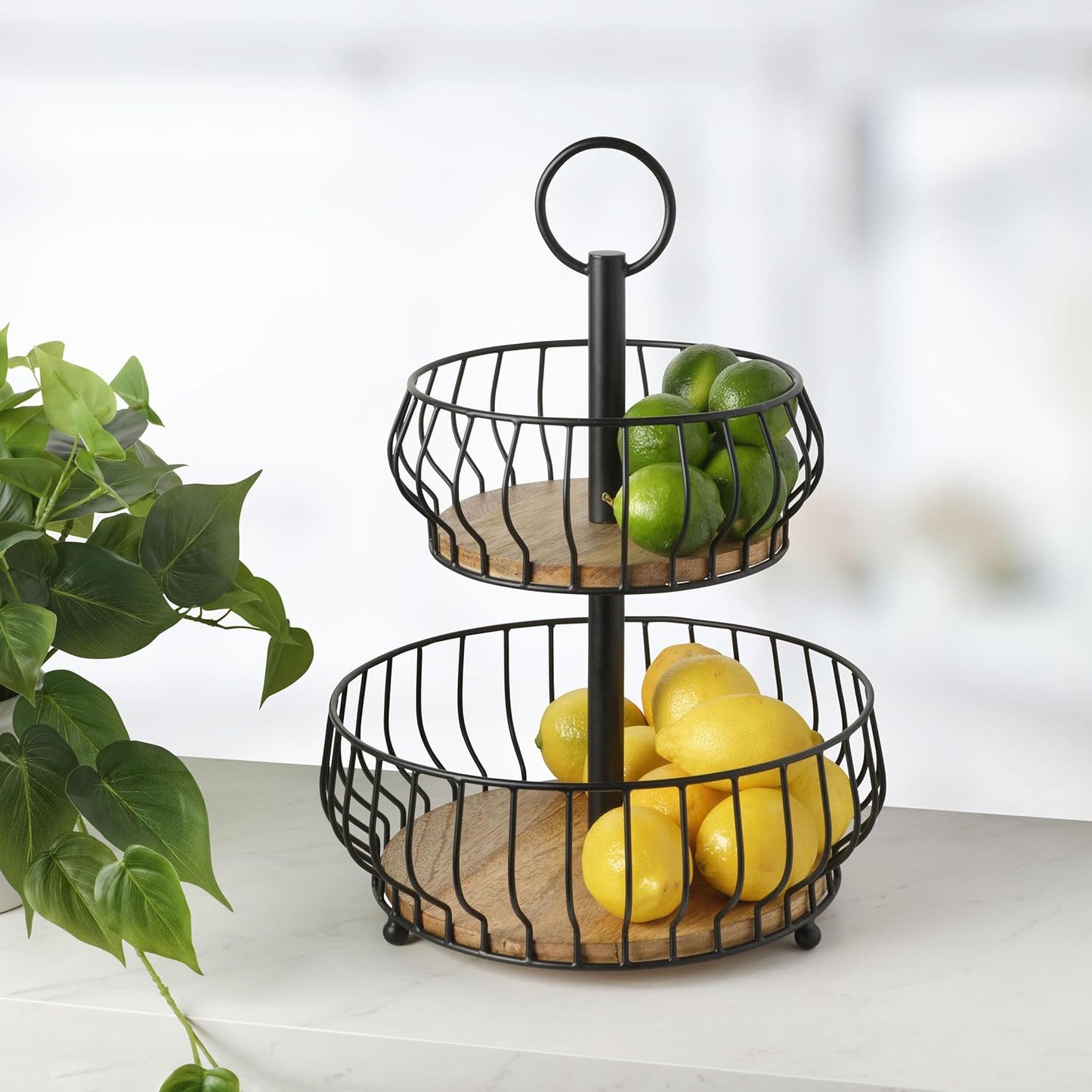 Gourmet Basics by Mikasa Savannah 2 Tier Metal Fruit Storage Countertop Basket, 12 x 12 x 16 Inch, Black