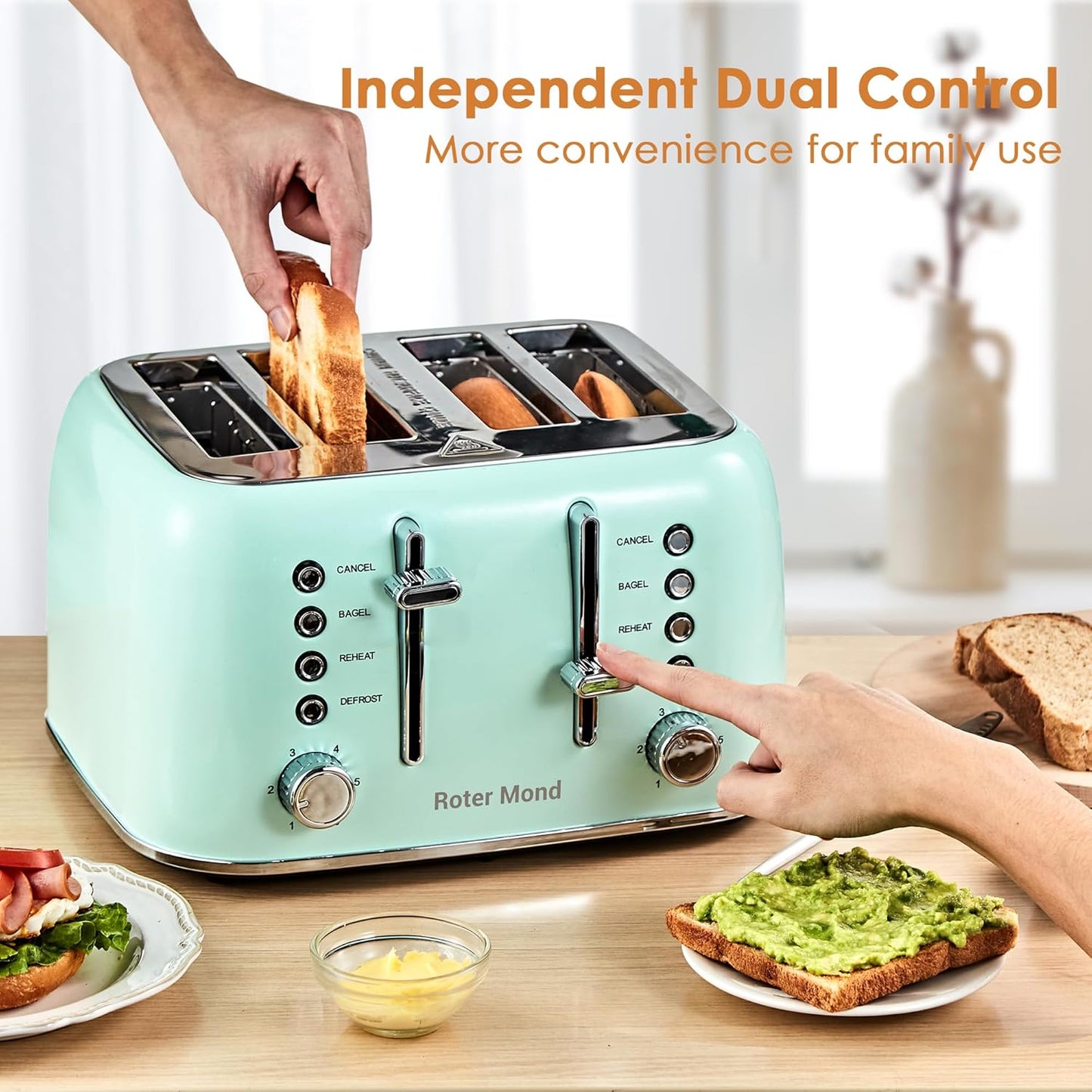 Toaster 4 Slice Retro Stainless Steel with Extra Wide Slots Bagel, Defrost, Reheat Function, Dual Independent Control Panel, Removable Crumb Tray, 6 Browning Levels, Aqua Green