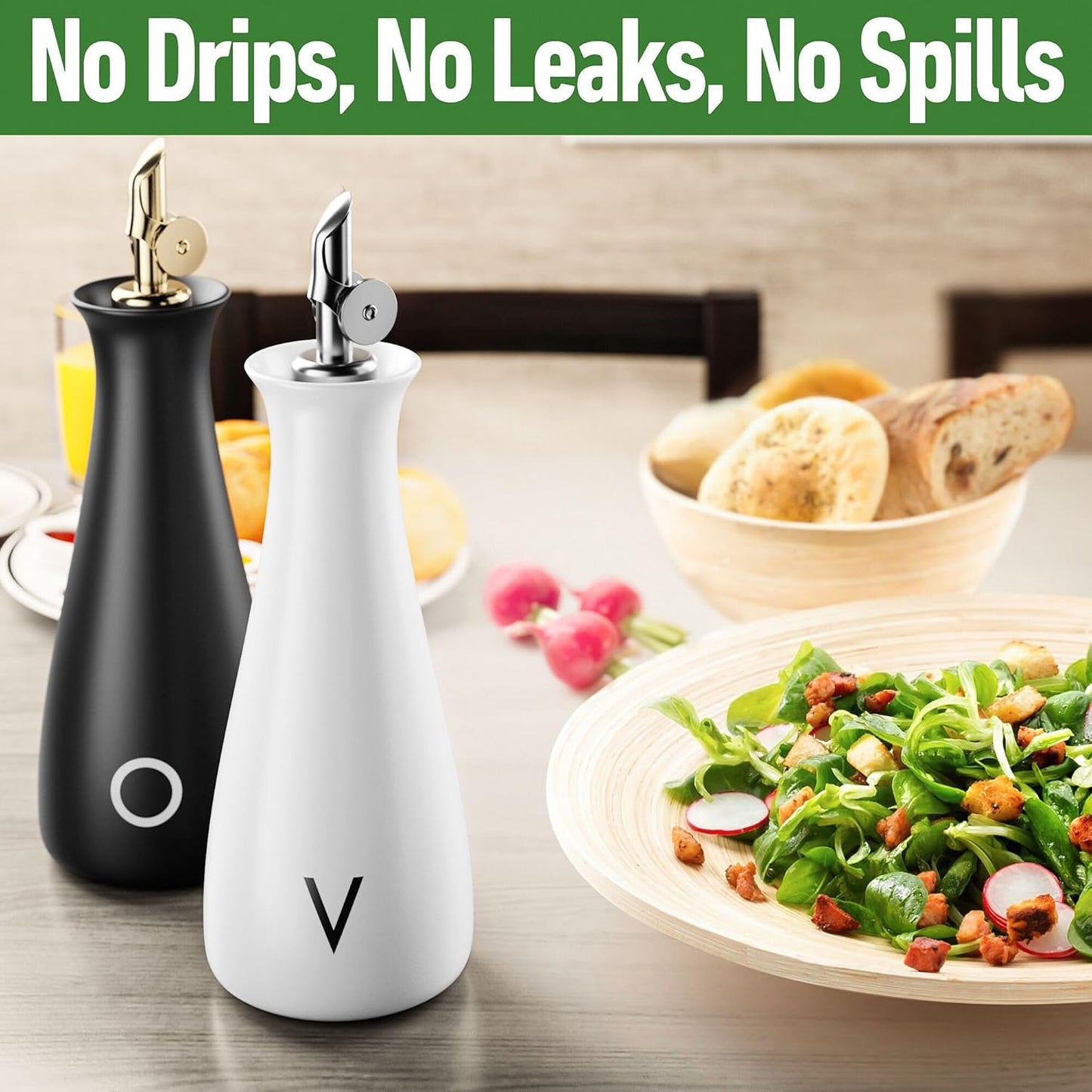 Oil and Vinegar Dispenser Set with Self-Closing Stainless Steel Spouts - 530 ML Capacity Matte Ceramic Leak Proof EVOO & Vinegar Dispensing Bottle Set of 2 - Olive Oil and Vinegar Dispenser Bottle Set
