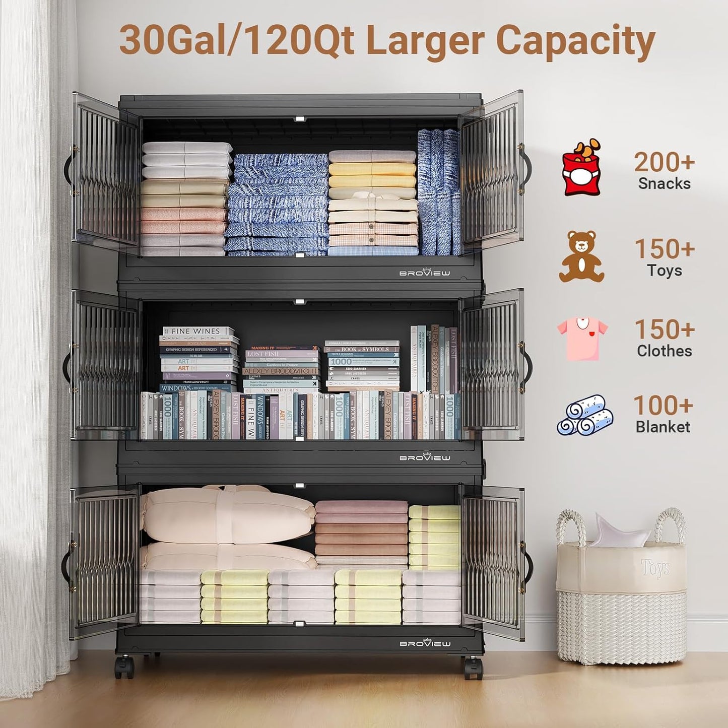 480Qt Stackable Storage Bins with 4 Lids, Extra Large Closet Organizer Collapsible Drawer Boxes with Wheels, Folding Plastic Cabinet Containers for Home Kitchen Room Organization, 4Pack Black