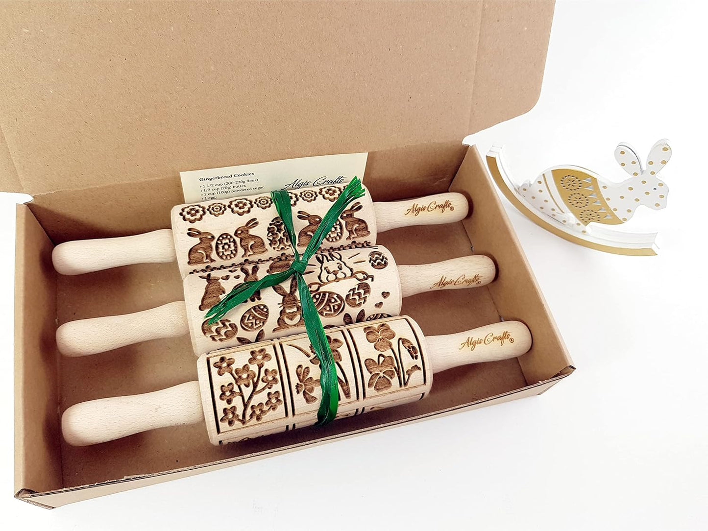 EASTER 3 Mini Embossed Rolling Pin Set. Wooden Laser Cut Embossing Rolling Pins for Embossed Cookies. Easter, Rabbit, Egg, Chicken, Spring, Flowers from Algis Crafts