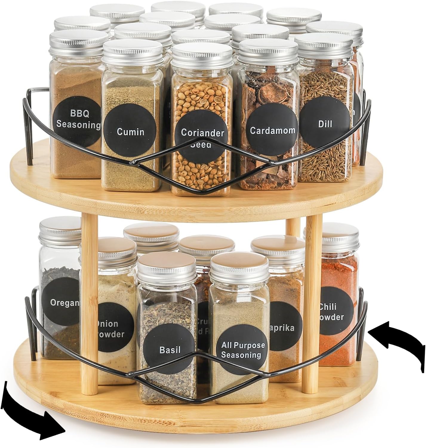 Yopay Lazy Susan Organizer 2 Tier, Bamboo Rotating Spice Rack for Kitchen Countertop Cabinet, Spinning Makeup Turntable Organizer with Steel Side for Vanity, Dining Table, Pantry, Condiments, 11 Inch