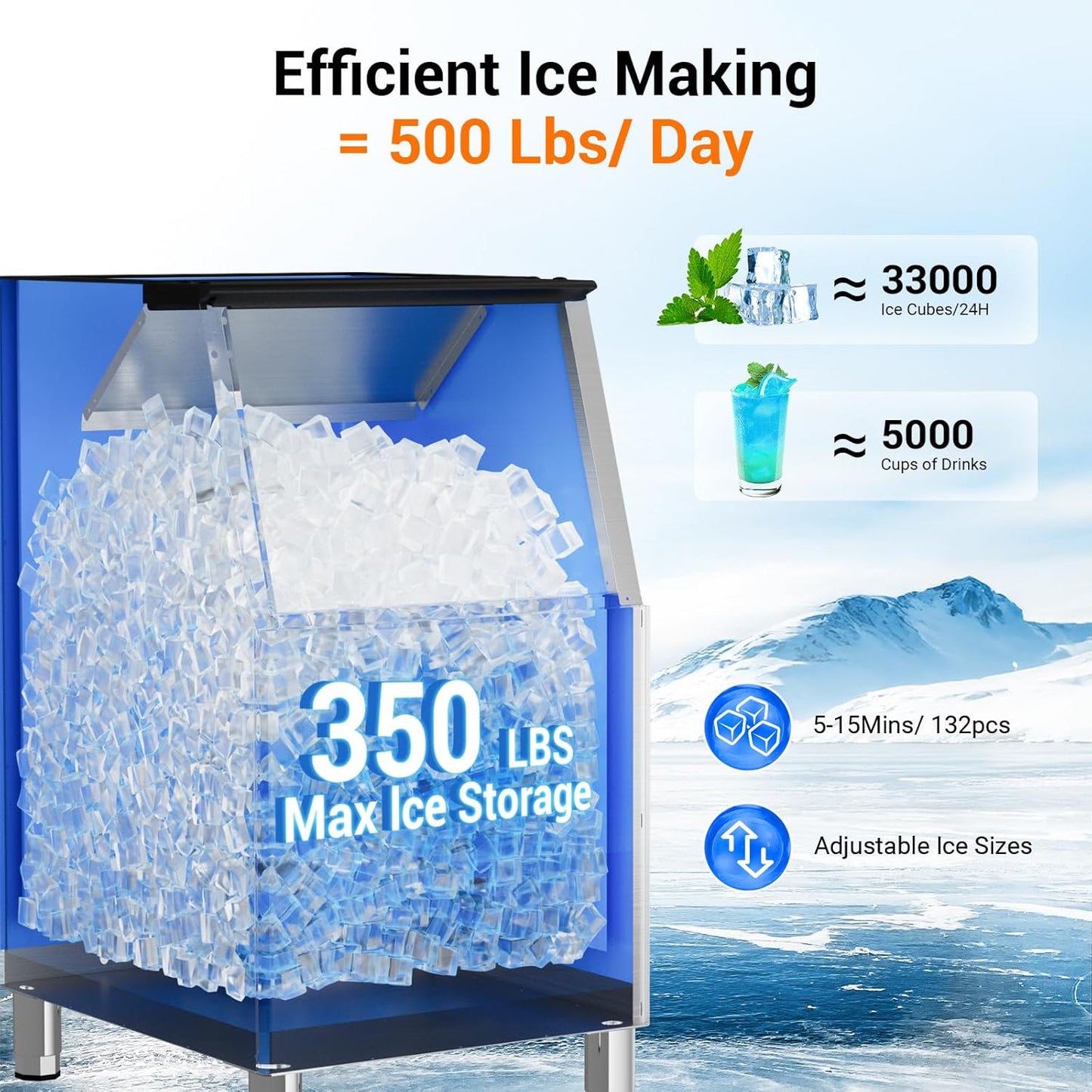 500 LBS/24H Commercial Ice Machine Maker with 350LBS Storage Bin, Large Industrial Ice Maker, Self-Cleaning, Timing Function, 132 Ice Cubes in 5-15min, 30 Adjustable Ice Thicknesses