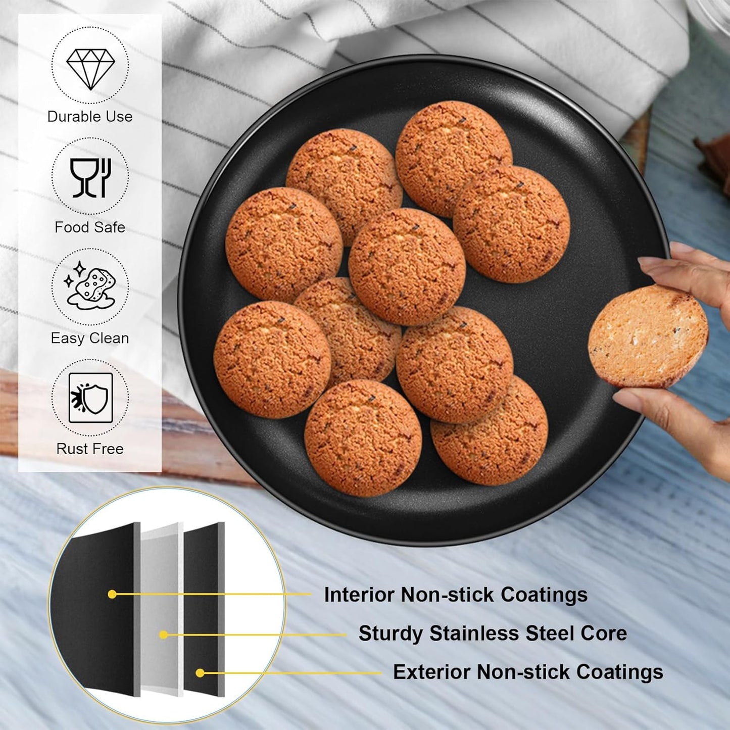 P&P CHEF 12 Inch Pizza Pan, 3 Pieces Stainless Steel Round Pizza Tray Dish Plate For Oven Baking Roasting, Healthy & Heavy Duty, Rust Free & Dishwasher Safe -Black