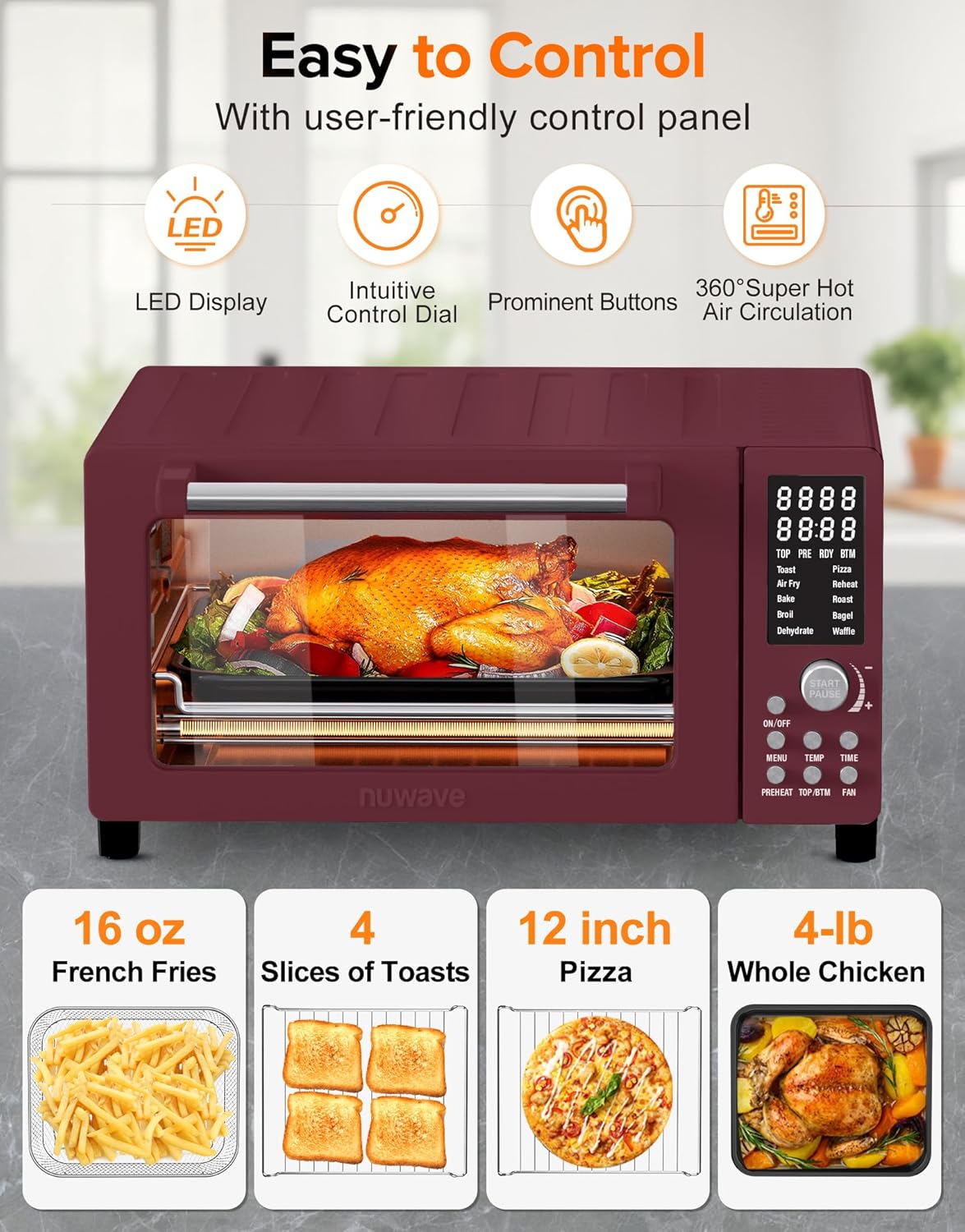 Nuwave Bravo Pro Smart Air Fryer Toaster Oven Combo, 12-in-1 Functions with Quicker & Even Crisp Technology, 1800W, 50-450°F, PFAS-Free, 21QT, Cinnamon