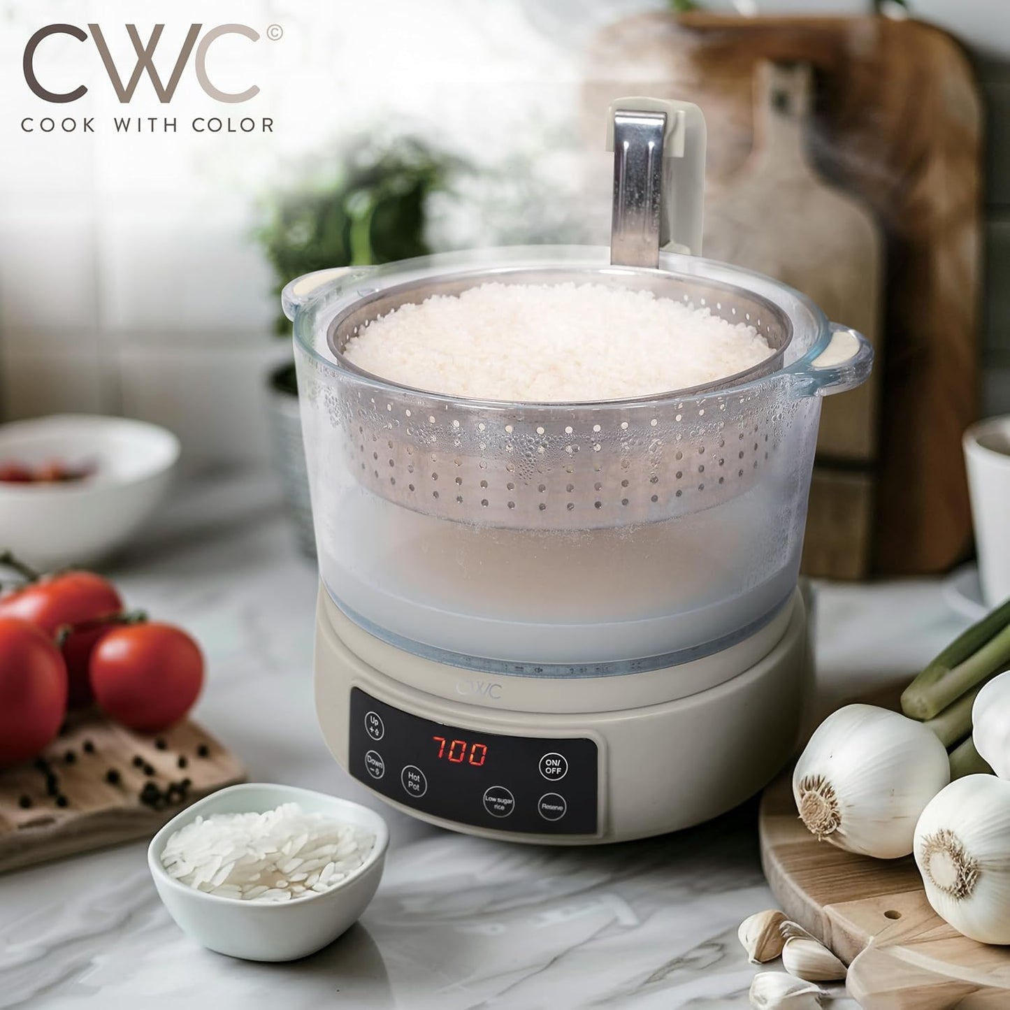 COOK WITH COLOR 3L Glass Low Carb Rice Cooker - Makes 6 Cups Cooked Low Sugar Rice with Auto Lift Filter Basket, Hotpot & Steamer for Rice, Grains and Oats, Digital Panel with Keep Warm, Sand