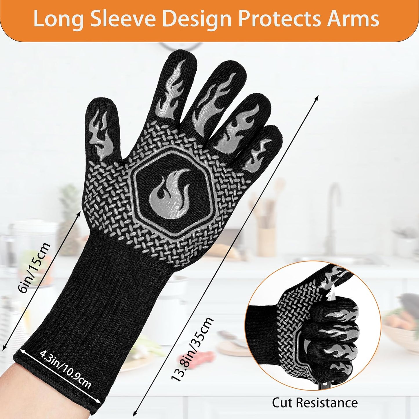 BBQ Fireproof Gloves, Grill Cut-Resistant Gloves 1472°F Heat Resistant Gloves, Non-Slip Silicone Oven Gloves, Kitchen Safe Cooking Gloves for Oven Mitts,Barbecue,Cooking, Frying,13.5 Inch-Grey