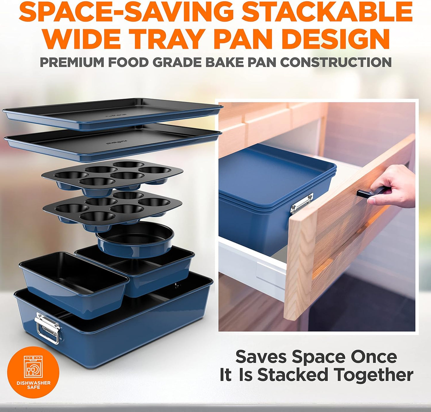 NutriChef 8-Piece Nonstick Stackable Bakeware Set - PFOA, PFOS, PTFE Free Baking Tray Set w/Non-Stick Coating, 450°F Oven Safe, Round Cake, Loaf, Muffin, Wide/Square Pans, Cookie Sheet (Blue)