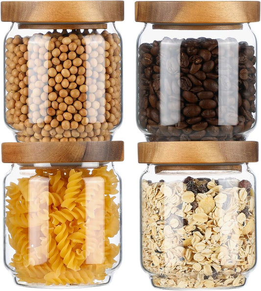 Glass Storage Containers Set of 4, 15 FL OZ High Borosilicate Glass Jars Kitchen Food Canisters with Acacia Wood Lids for Coffee Beans/Sugar/Tea/Nuts
