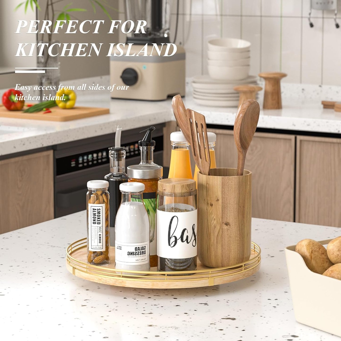 16 Inch Rustic Lazy Susan Turntable – Solid Oak & Iron Wood Rotating Tray for Dining Table, Kitchen Counter, Coffee Table – Farmhouse Style Large Wooden Lazy Susan Organizer for Home Décor