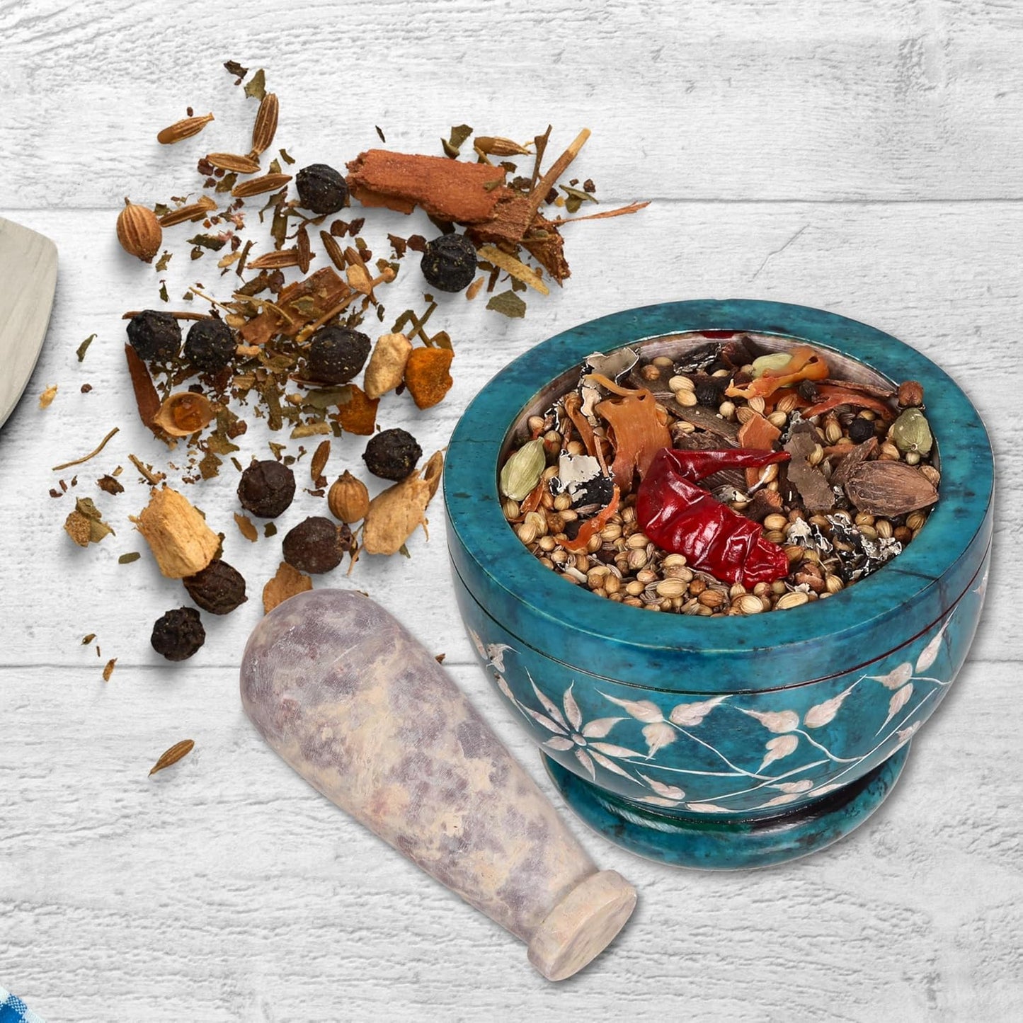 Mortar and Pestle, Made of Heavy Duty Polished Hard Stone, Natural Stone Grinder for Spices, Pastes, Herbs, Seasoning etc. (Turquoise Floral)