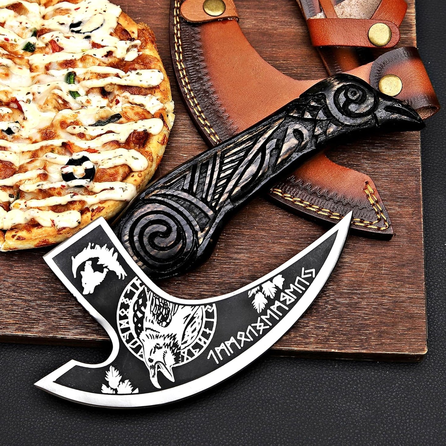 MR. CRAFT Pizza Cutter Axe Rocker Carbon Steel Slicer Chef Pizza Cutter Viking Axe with Leather Cover - Premium Pizza Oven Accessories Ulu Rocking Pizza Gift Gifts for Men (American Eagle)