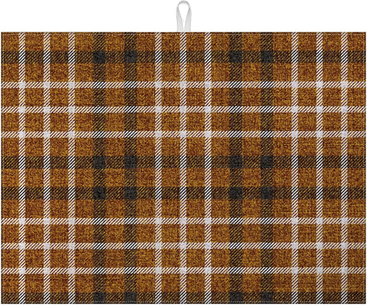 Brown Plaid Dish Drying Mat for Kitchen Counter Microfiber Absorbent Dish Kitchen Drying Mat Draining Reusable Washable for Dishes/Utensils/Counterto
