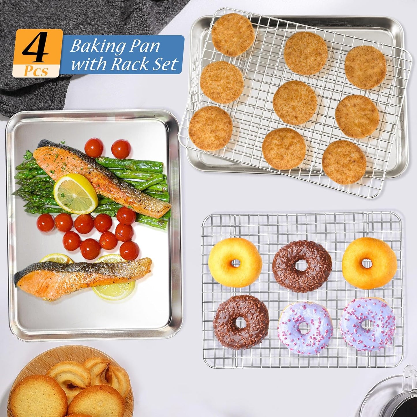 TeamFar Baking Pan with Rack Set (2 Pans + 2 Racks), Stainless Steel Cookies Sheet Baking Tray Pan with Grid Cooling Rack for Toaster Oven, Healthy & Heavy-Duty, Dishwasher Safe, 12.5 x 10 x 1 Inch