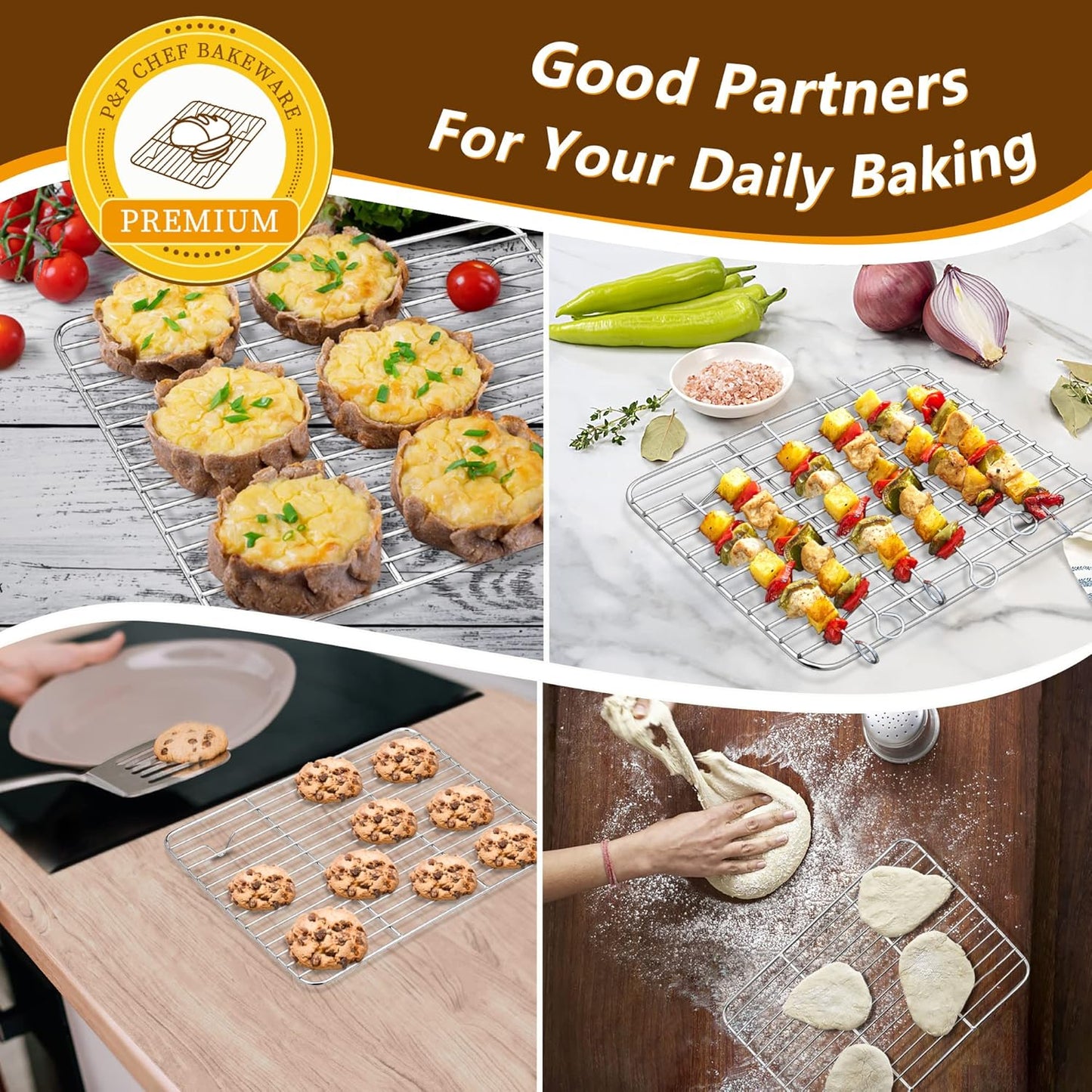 P&P CHEF 10.4 Inch Baking Sheet Pan with Rack Set, Stainless Steel Cookie Sheet Pan Tray with Cooling Rack for Oven Use, Cooking Roasting, Non Toxic & Dishwasher Safe, Heavy Duty