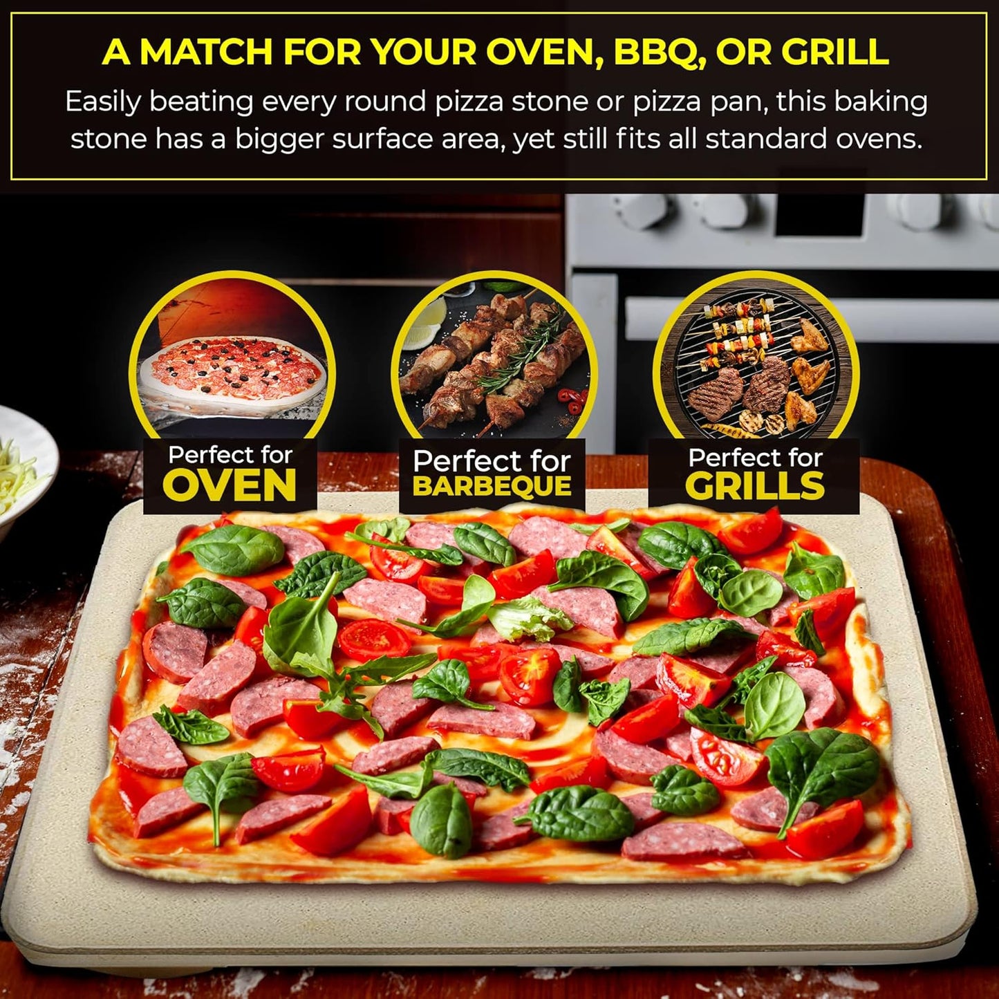 Pizza Stone - Baking Stone. SOLIDO Rectangular 14"x16" - Perfect for Oven, BBQ and Grill