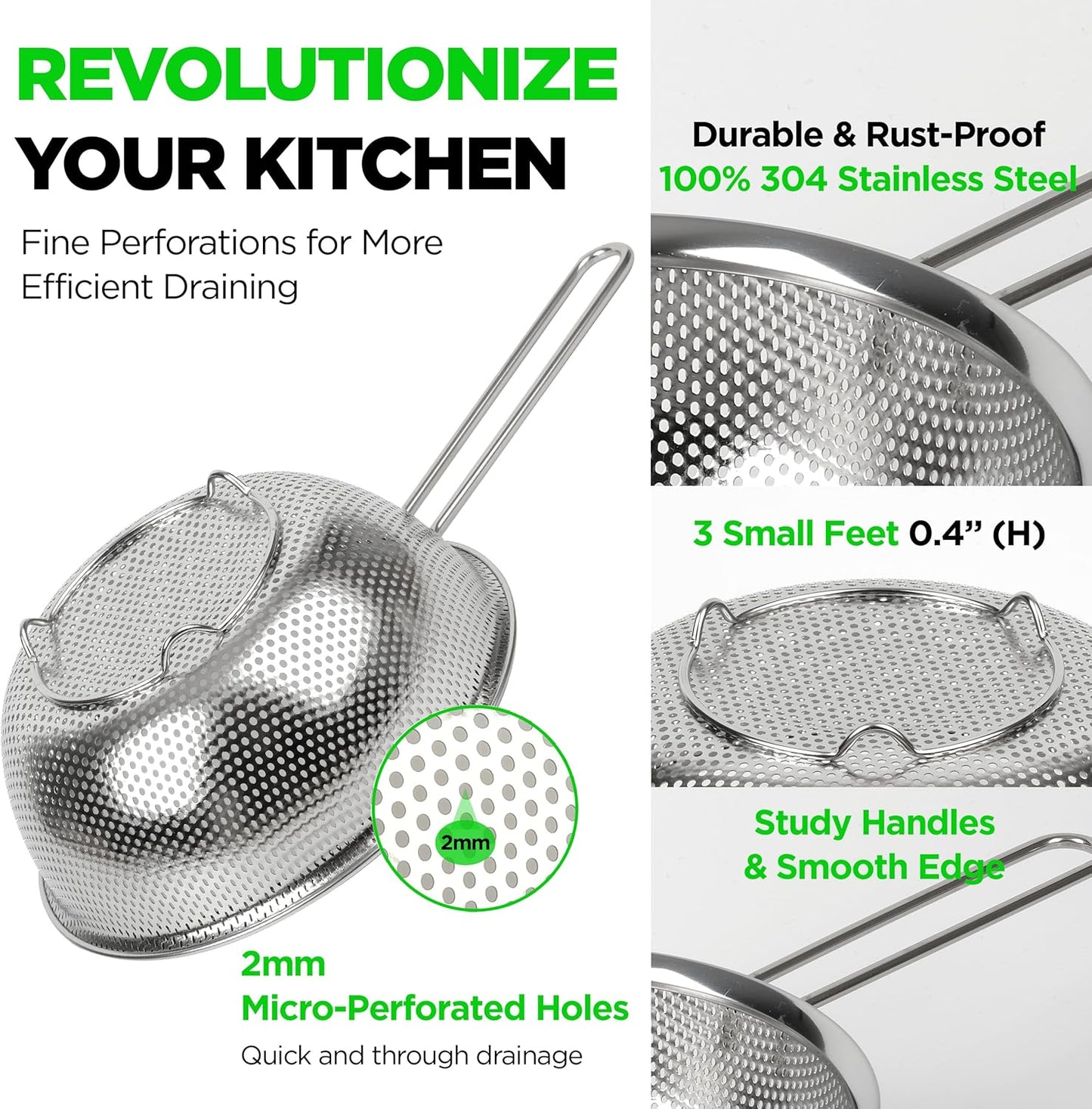 Premium 18/8 304 Stainless Steel Strainer Set of 3 with Long Handle, Micro-Perforated Colanders 1.5-2.5-4 Quart Set, Self-Draining Solid Base for Pasta, Fruits, Vegetables, Made in Korea