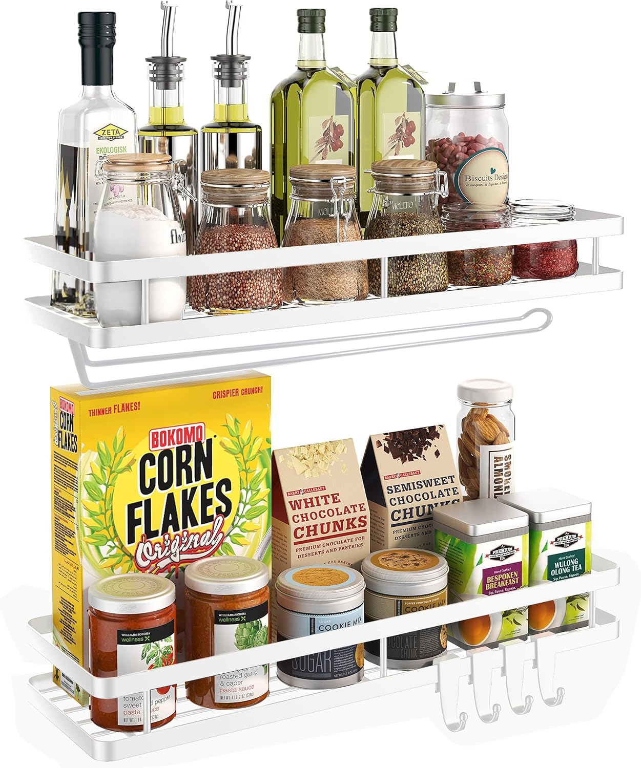 Spice Rack Organizer Wall Mount - 15.7in 2Pack [Upgraded Version] Hanging Seasoning Organizer Shelf with Paper Towel Holder, Storage for Cabinet or Wall Mounted with 4 Strong Hooks (Rice white)