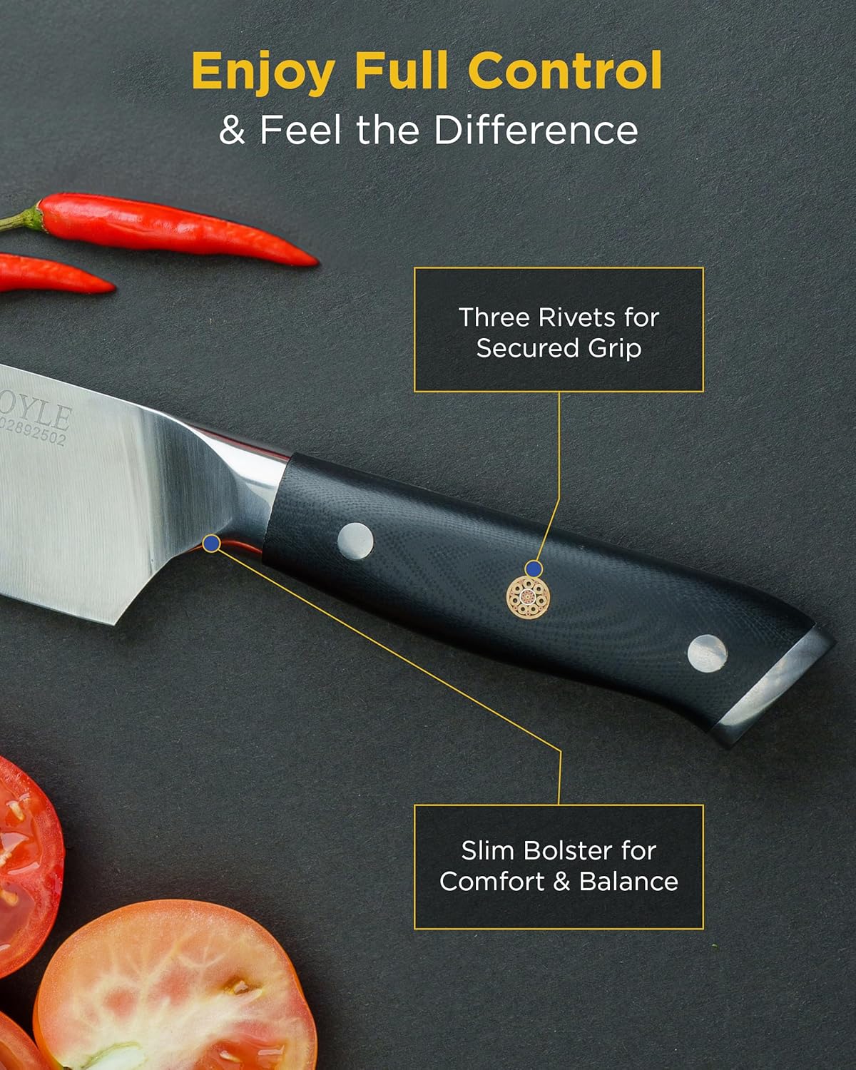 Modern Chef's Knife, Precision Crafted German Style High Carbon Stainless Steel, Improved Shape For Balance and Comfort, Space-Age Advanced Fiberglass Composite Handle, Full Tang, Butt Cap & Gift Box