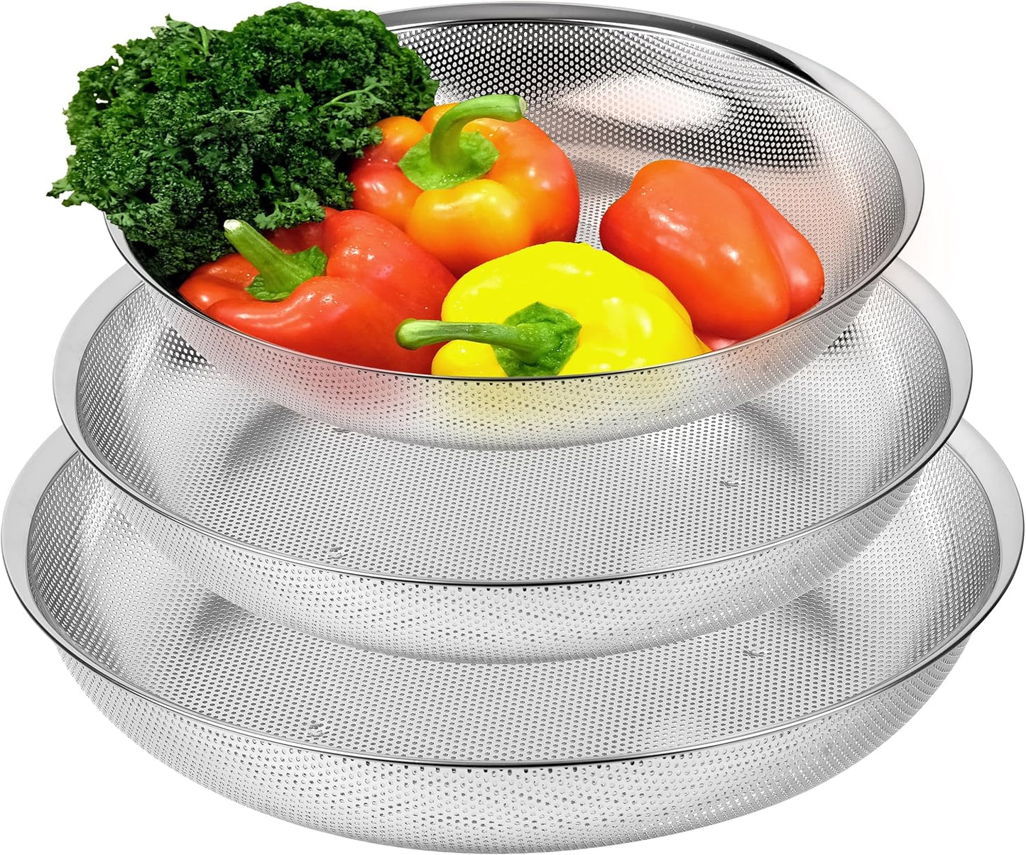 Premium 18/8 304 Stainless Steel Large Colander Set of 3, Comfortable Micro-Perforated Shallow Strainers, 5.5-7-10 Quart Tray Set, Self-Draining Solid Base for Pasta, Fruits, Vegetables