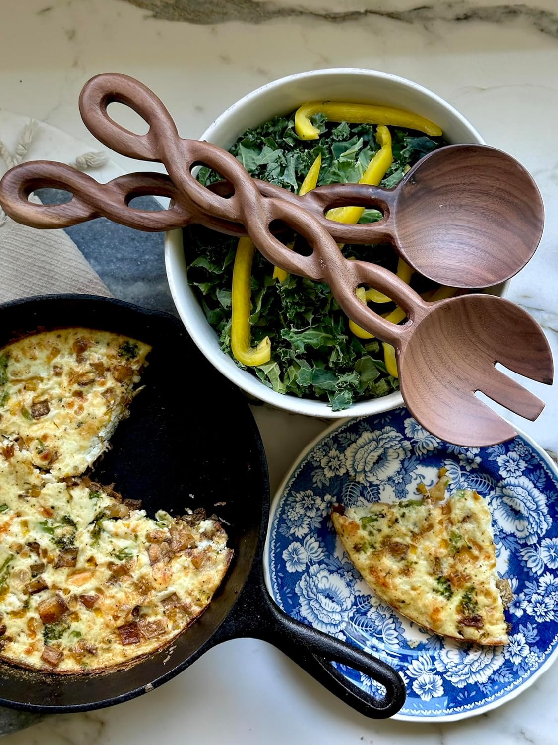 13" Wooden Salad Tongs For Serving, Walnut Kitchen Utensils Set, Salad Servers Mixing Dinner Fork and Spoon Long Handle, Housewarming Gift Ideas, Set of 2 (Walnut Wood)