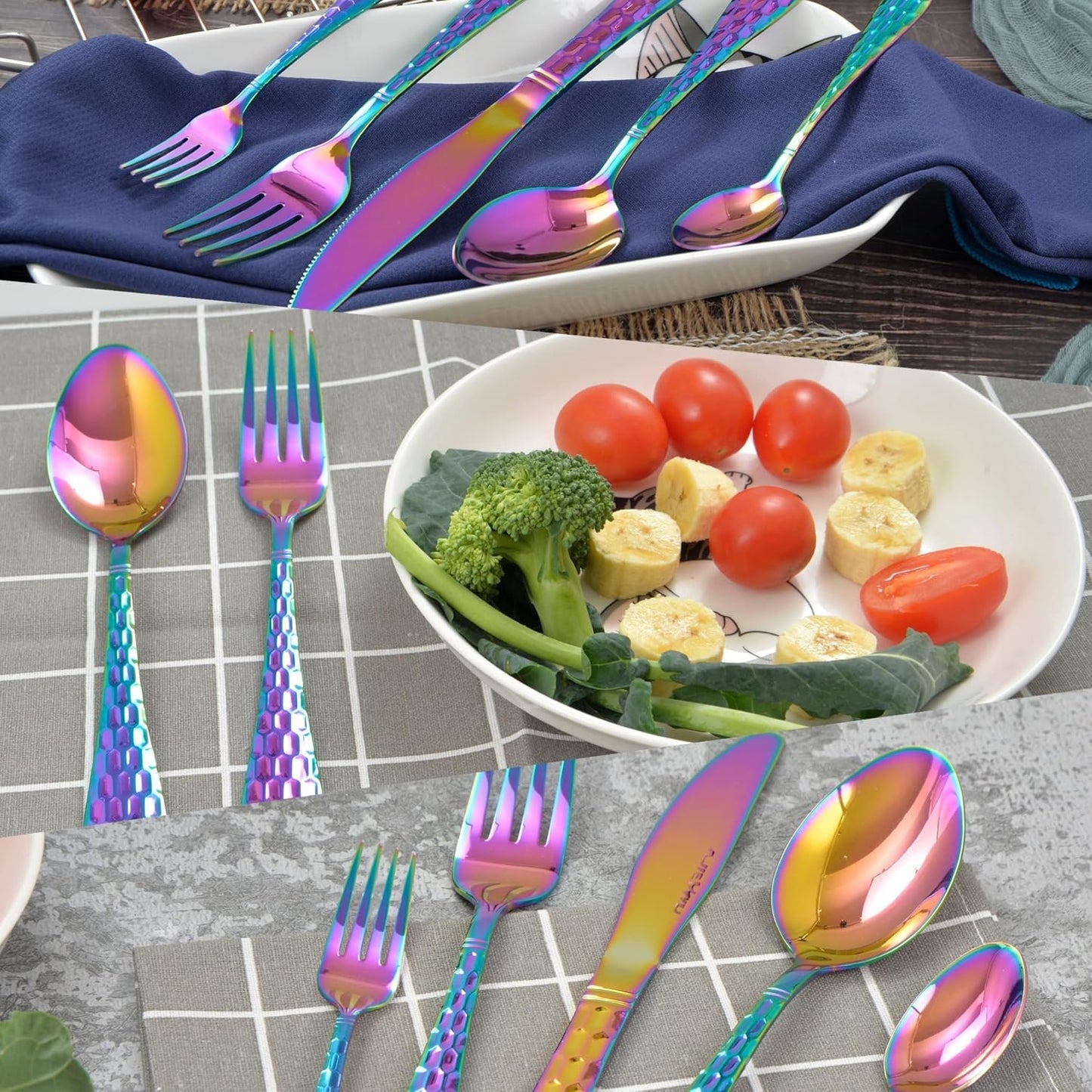 Hammered Silverware Set 20 Pieces, 18/10 Stainless Steel Colorful Silverware Set, Tableware Flatware Set for 4, Utensils Set Include Knife/Fork/Spoon, Mirror Polished, Dishwasher Safe (Rainbow)