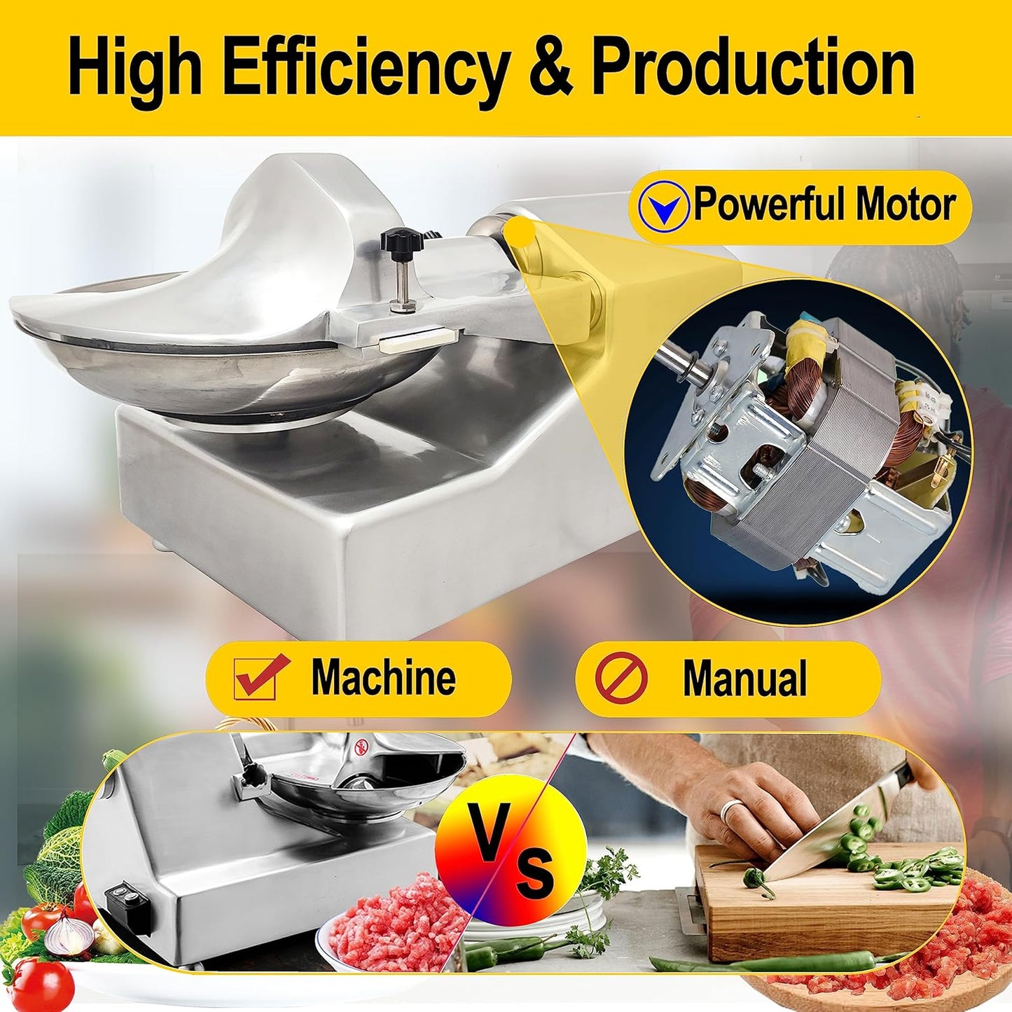 TECHTONGDA 110V Commercial Food Processor, 8L Electric Food Chopper Vegetable Cutter, Meat Grinder, Meat Bowl Cutter Chopper Machine for Vegetables, Grain, Nuts, Ginger, Garlic