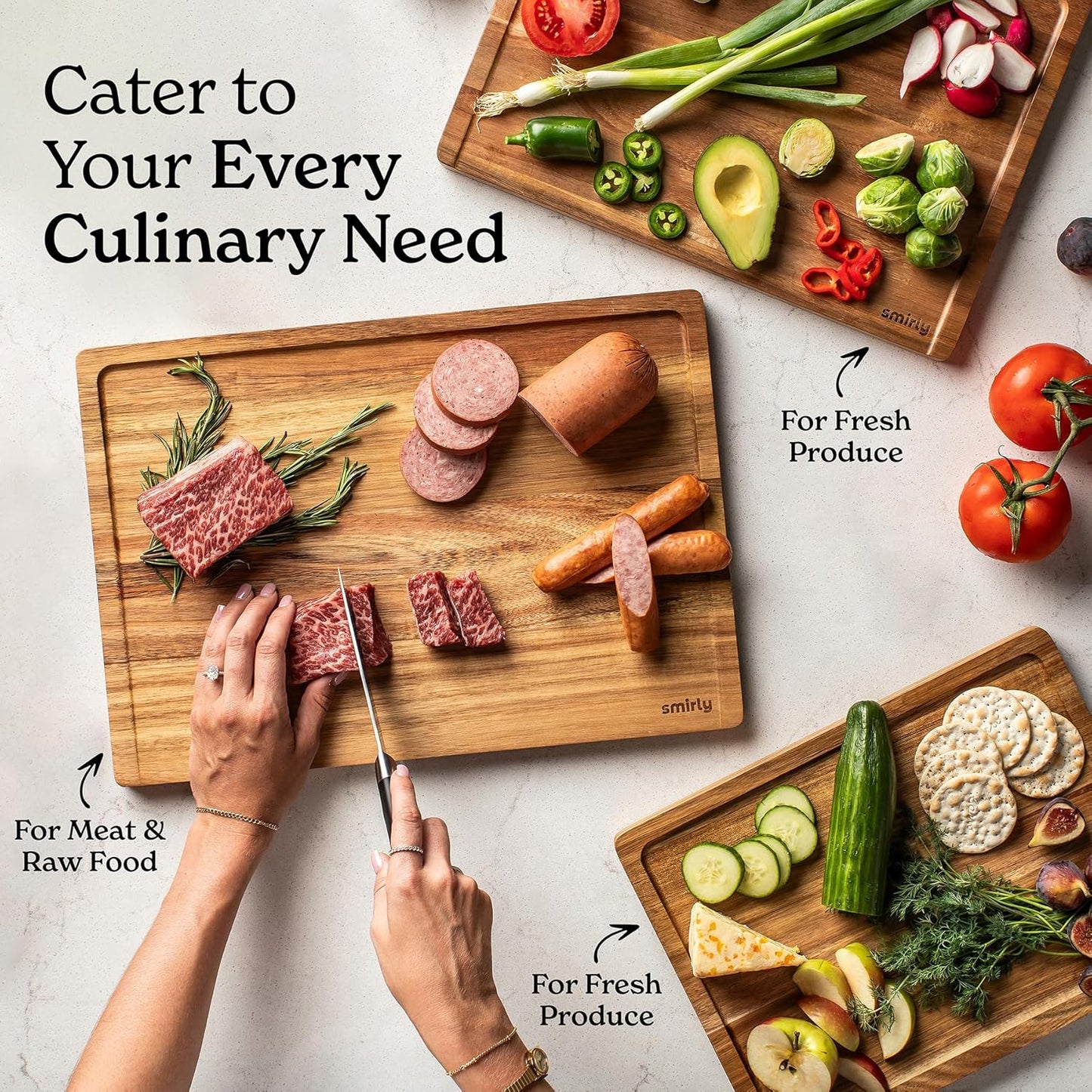 SMIRLY Wood Cutting Boards For Kitchen Meal Prep & Serving, Bamboo Cutting Board Set, Charcuterie Chopping Boards and Wooden Cutting Boards for Kitchen