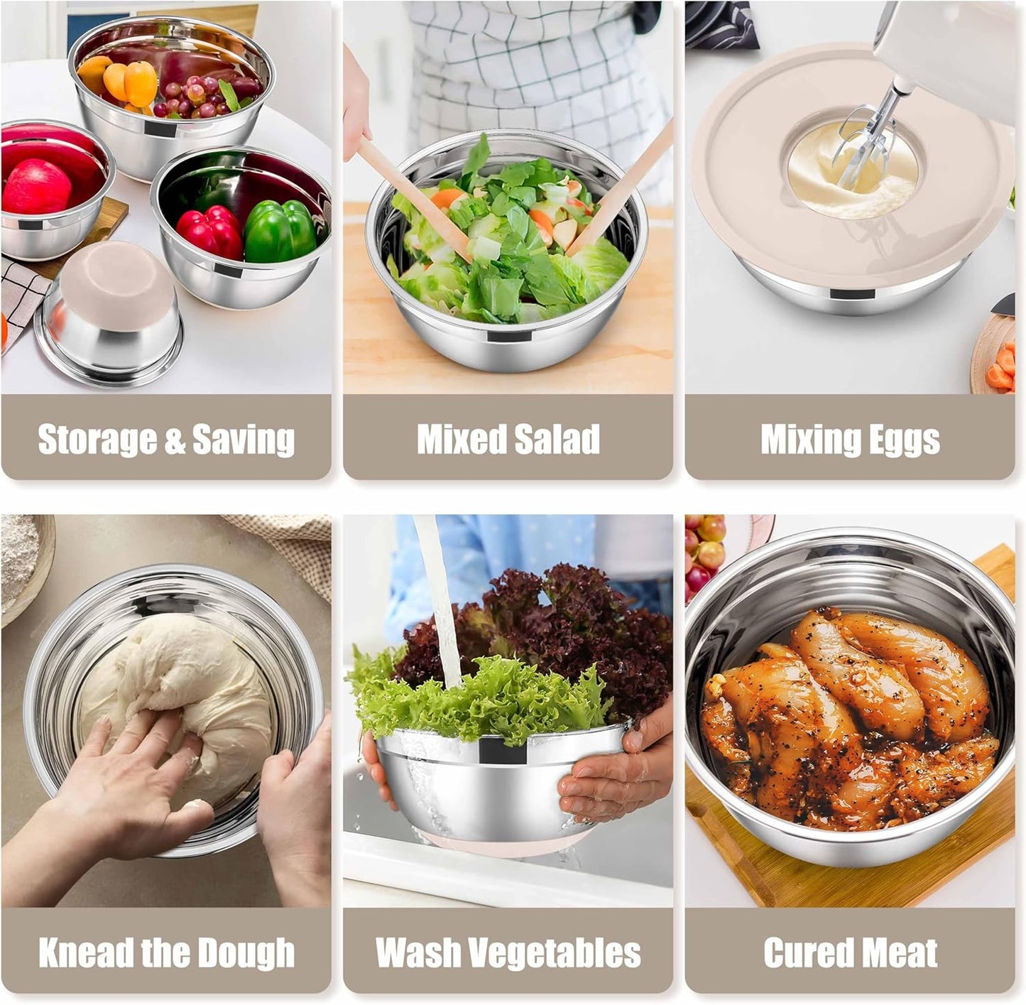 E-far Stainless Steel Mixing Bowls with Lids Set, 5-Piece Nesting Salad Bowls with 3 Grater Attachments and Non-Slip Bottoms, Size 4.6, 2.6, 2, 1.5, 1QT for Kitchen (Khaki)