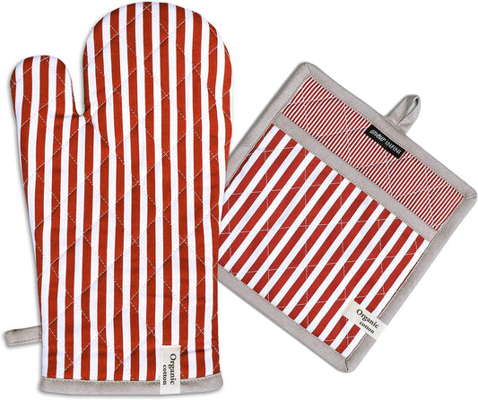 AMOUR INFINI Striped Pot Holders and Oven Mitts Heat Resistant Non Slip Reusable Set of 1 Oven Mitt and 1 Pot Holder Oven Gloves Pot Holder for Cooking (Rust)