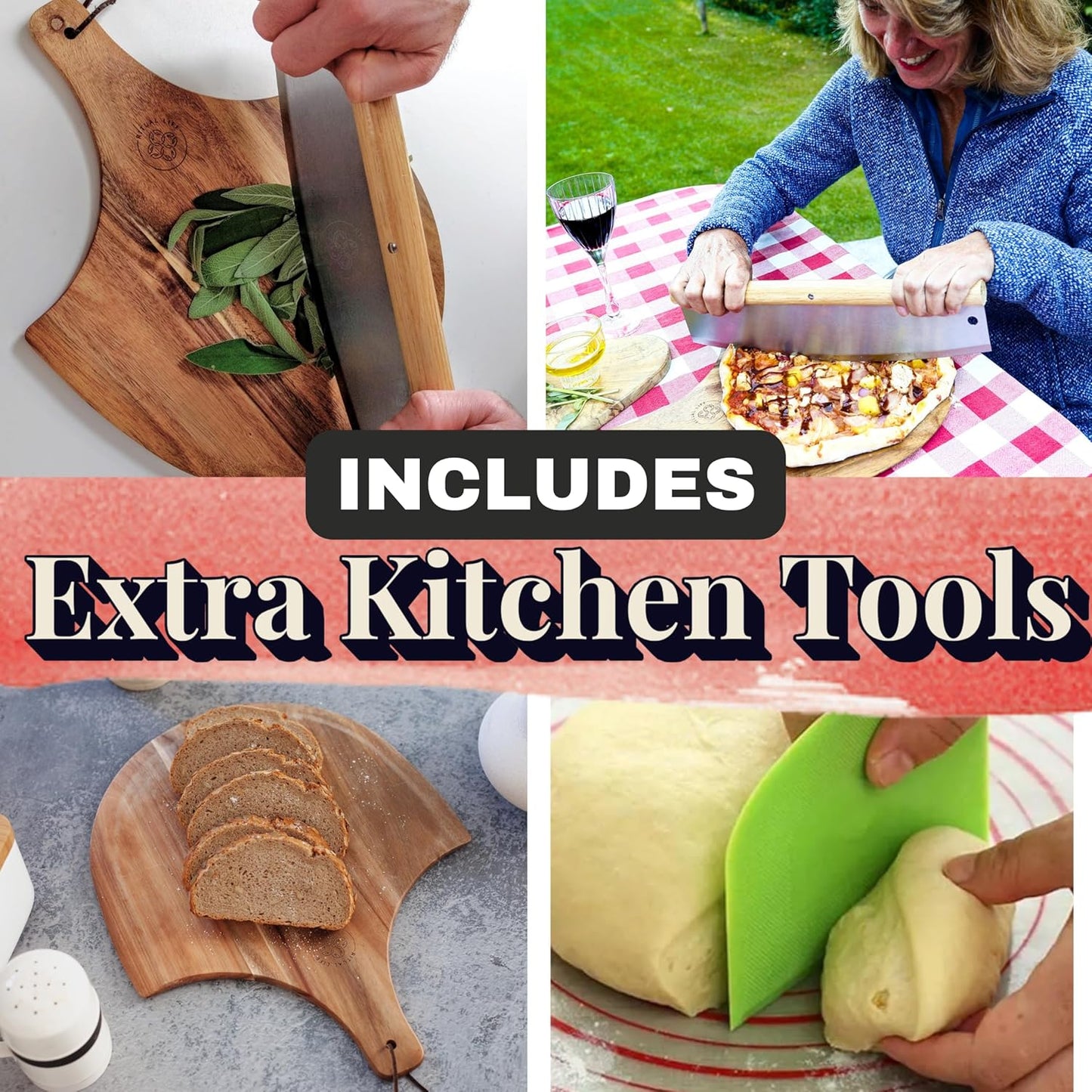 Pizza Stone for Oven and Grill Set - 5PCS Pizza Making Accessories Kit - 15 inch Pizza Stone with Handles, Pizza Peel, Pizza Cutter, Dough Tool - Baking Stone for Bread - Large Rectangular Oven Stones