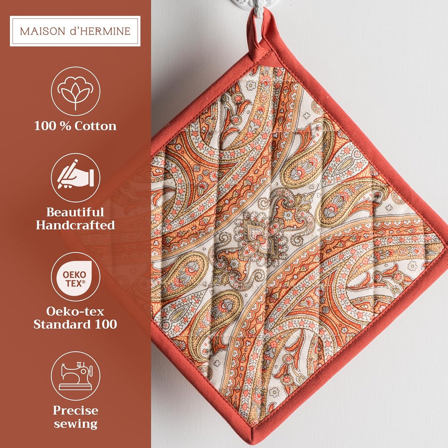 Maison d' Hermine Pot Holders 100% Cotton Heat Resistant Potholders 8" x 8" Hot Pads with Loop BBQ, Cooking, Baking, Grilling, Kitchen, Handling Hot Pans (Pack of 1, Kashmir Paisley)