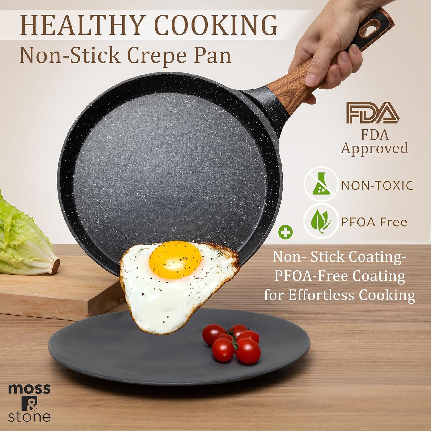 Moss & Stone 9.5 Inch Nonstick Crepe Pan with Spreader, Dosa Pan for Roti Dosa Tawa Comal Para Tortillas, Ceramic Flat Skillet Pan Induction Compatible, Pancake Pan for Stove Top - Black