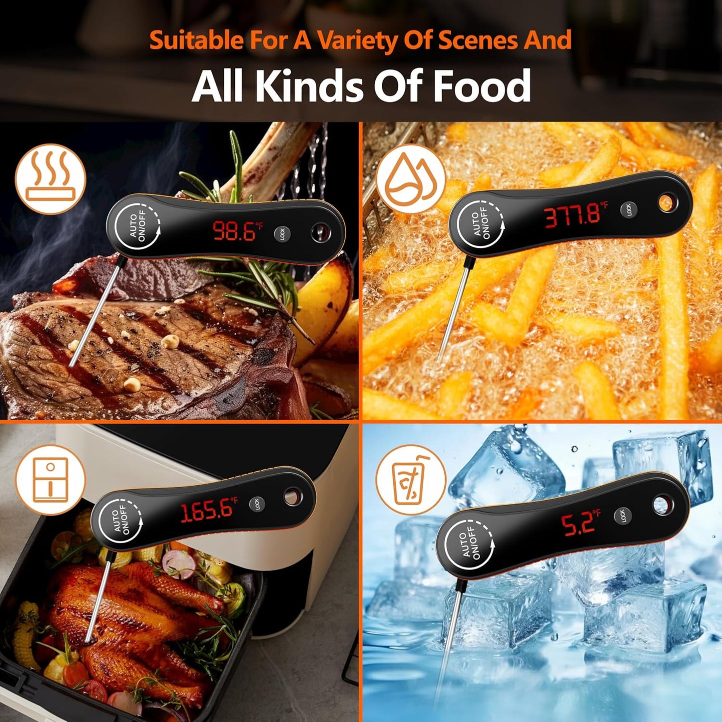 Digital Meat Thermometer, Paysean 0.5 Sec Instant Read ±0.5℉ with Auto-Rotating Backlit Display, IP67 Waterproof and Calibration for Cooking, Candy, Grilling, BBQ, Liquid, Smoker, Beef