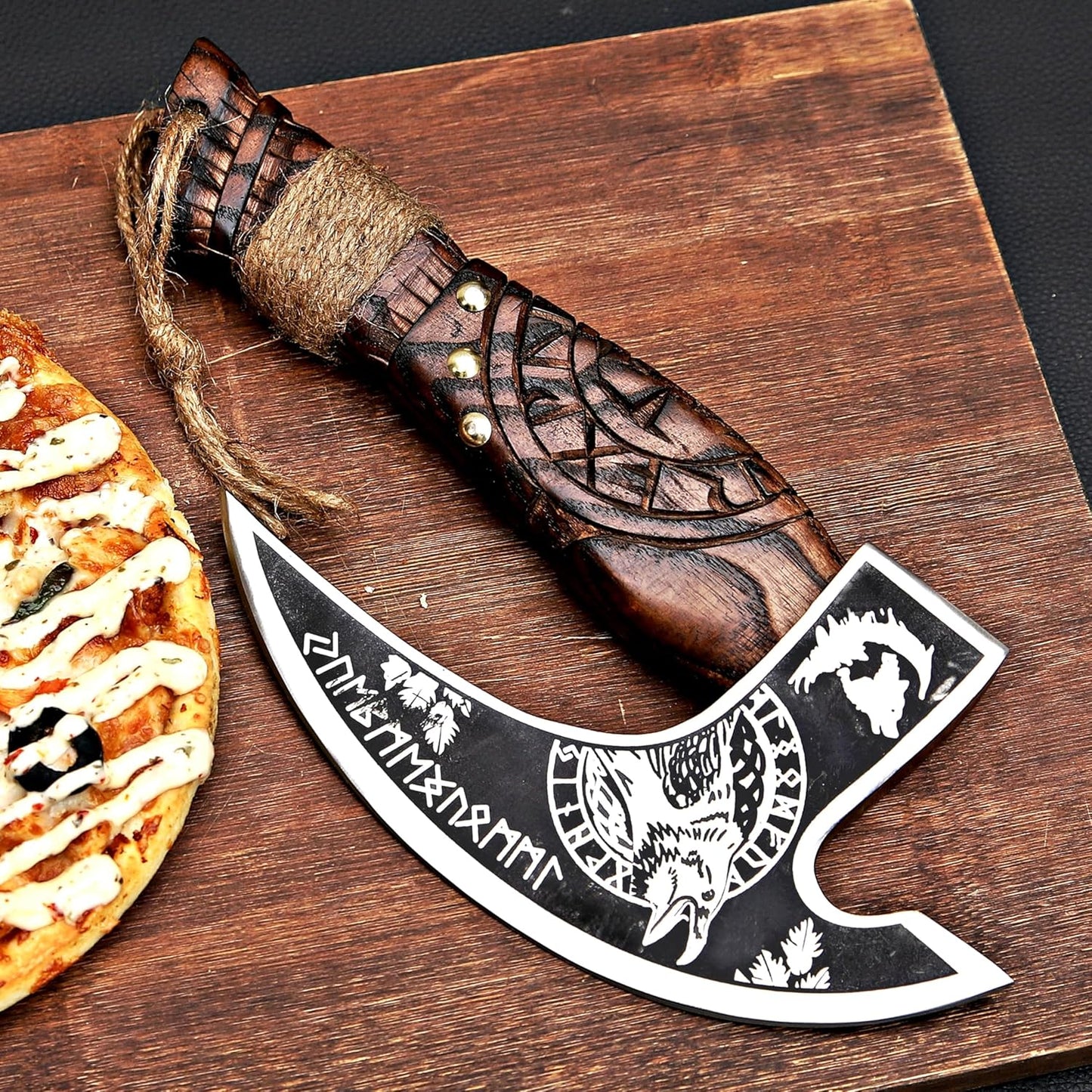 MR. CRAFT Pizza Cutter Axe Rocker Carbon Steel Slicer Chef Pizza Cutter Viking Axe with Leather Cover - Premium Pizza Oven Accessories Ulu Rocking Pizza Gift Gifts for Men (Brown Eagle)