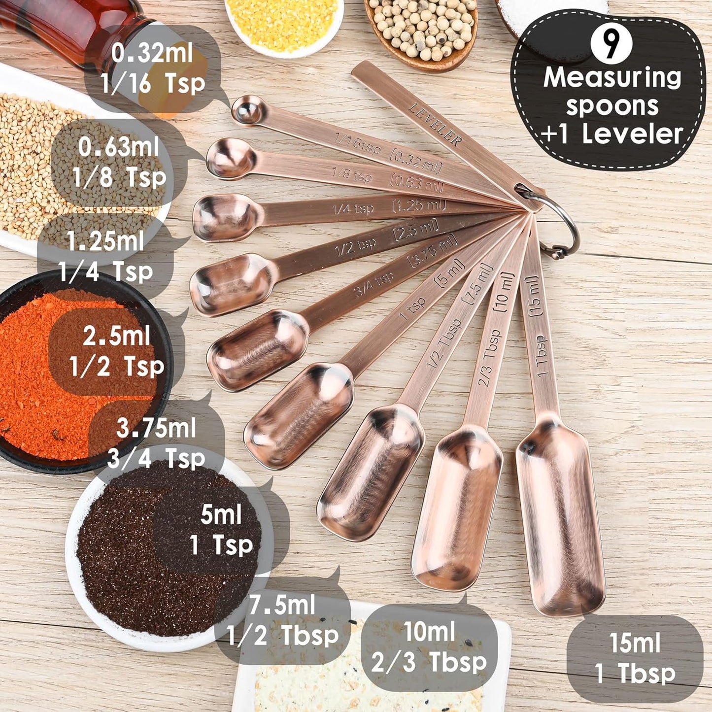 Smithcraft Copper Measuring Spoons Set 10, Stainless Steel Measuring Spoons with Leveler, Metric & US Metal Measuring Spoons fro Baking & Kitchen, Dry&Liquid Long Handle Measruing Spoons for Spice Jar