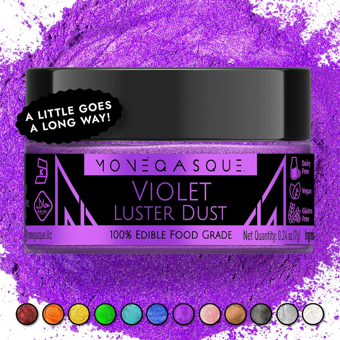 MONÉGASQUE Purple Edible Glitter for Drinks 7g – Violet Edible Glitter for Cakes & Cocktails – Purple Luster Dust for Cake Decorations Spray Sprinkles – Halloween Cocktail & Drink Shimmer Powder
