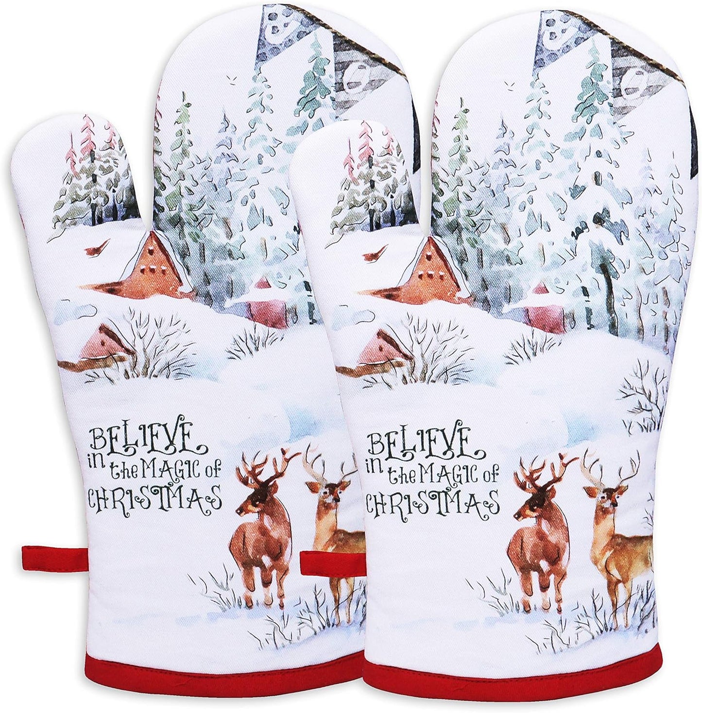 AMOUR INFINI Oven Mitts Set of 1 Quilted Liner with Hanging Loop Non Slip, Heat Resistant, Washable Reusable Oven Mitt Gifts (Christmas Winter 7x13 Inches)