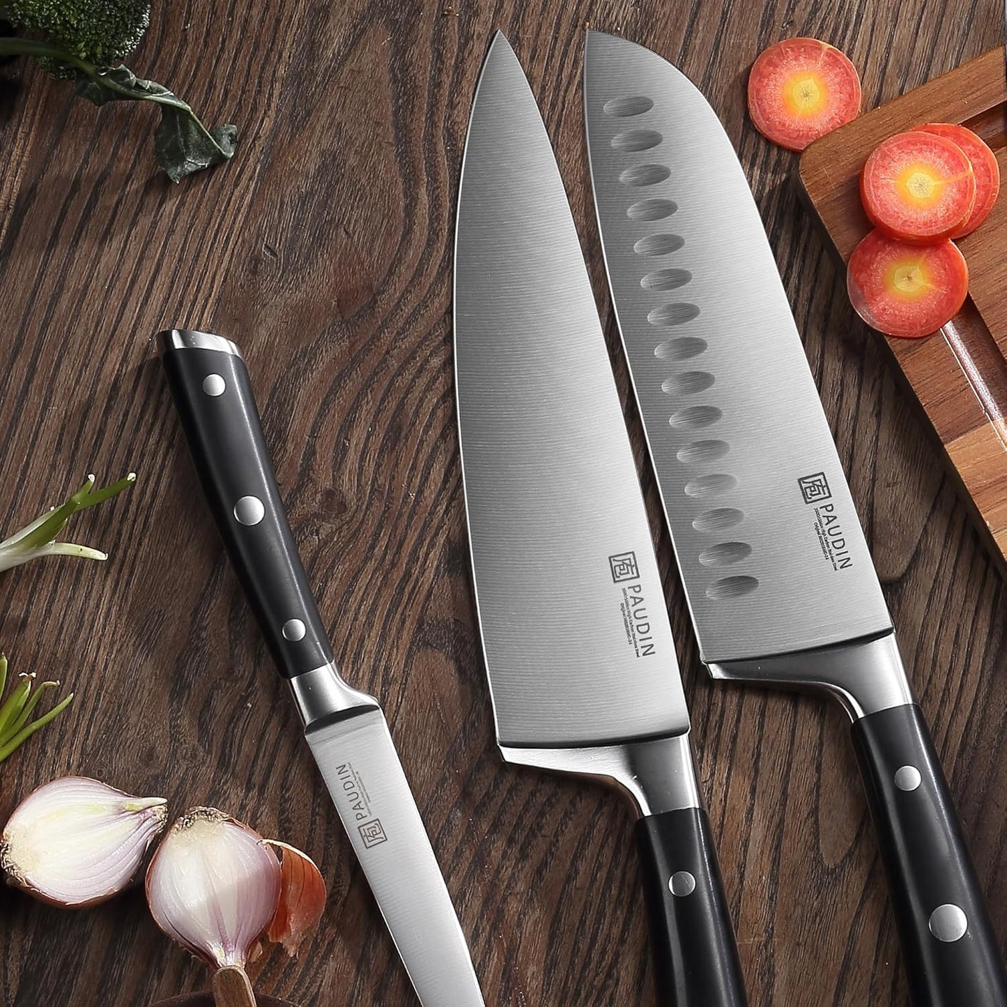 PAUDIN Kitchen Knives Set, Switzer 3-Piece Chefs Knife Set High Carbon Stainless Steel with Ultra Sharp Blade & Plastic Handle Professional Chef Knives