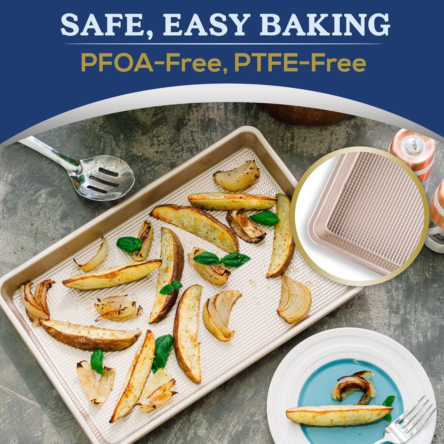 Ultra Cuisine Nonstick Half Sheet Baking Pan - Food Safe Coating, Warp & Scratch Resistant Texture for Airflow, & Carbon Steel Design Durable for Professional Quality Roasting, Size 13 x 18 inch