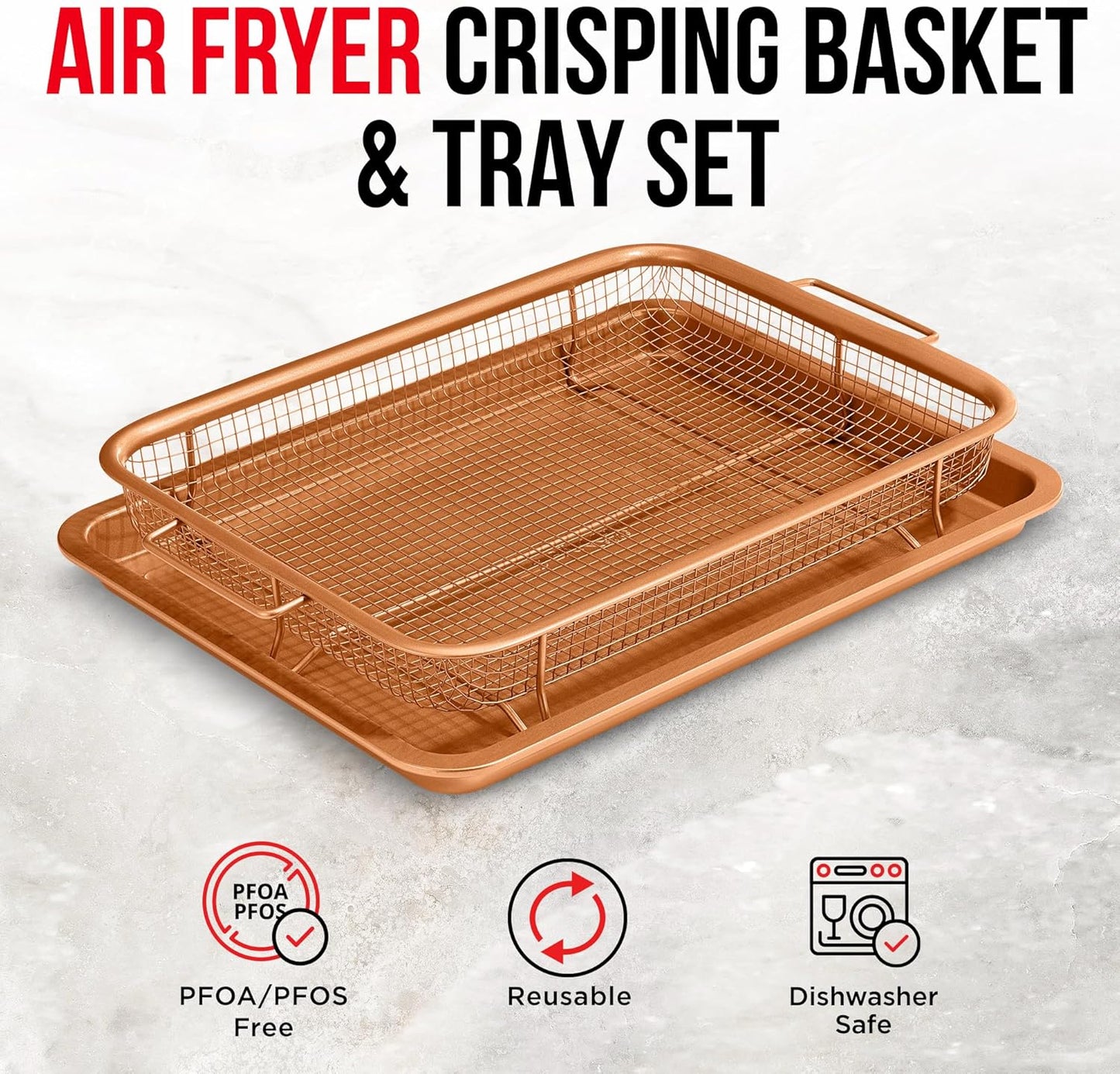 Air Fryer Tray Basket w/Elevated Mesh Great For Oven, For Baking & Crispy Foods, Dishwasher Safe,PTFE/PFOA/PFOS FREE Extra-large 9.5/''x13/'',Copper
