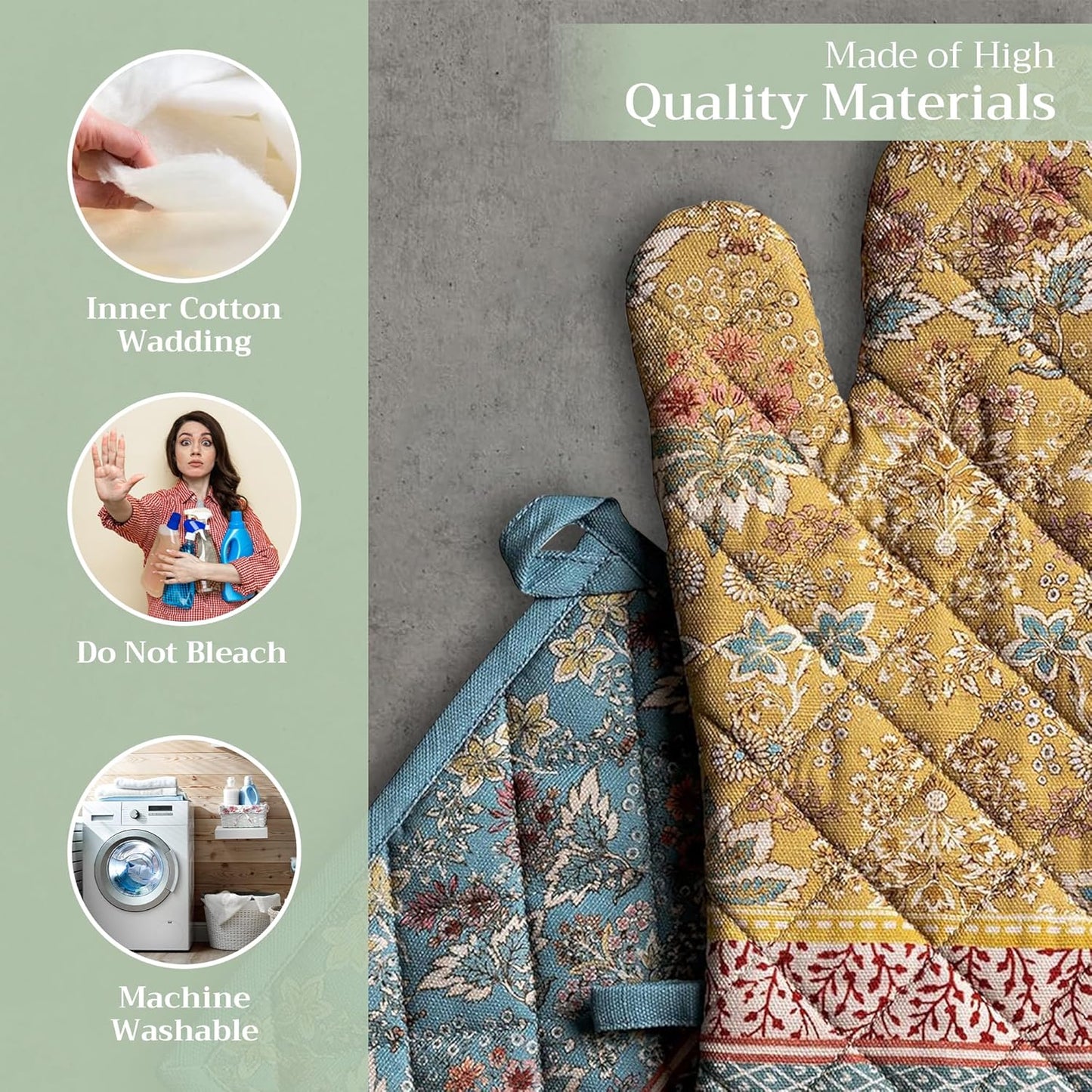 Maison d' Hermine 100% Cotton Oven Mitt & Pot Holder Set (7.5"x13" & 8"x8") Heat Resistant BBQ Cooking Gloves with Loop, Baking, Grilling, Kitchen, Handling Hot Pans Spring/Summer (Marquise)