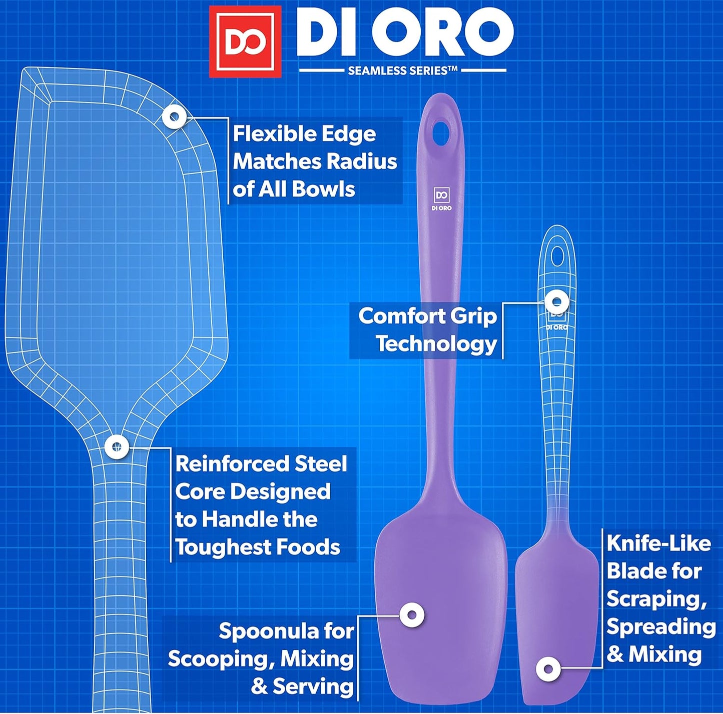 DI ORO Silicone Spatula Set - Rubber Kitchen Spatulas for Baking, Cooking, & Mixing - 600°F Heat-Resistant & BPA Free Silicone Scraper Spatulas for Nonstick Cookware - Dishwasher Safe (3pc, Lavender)