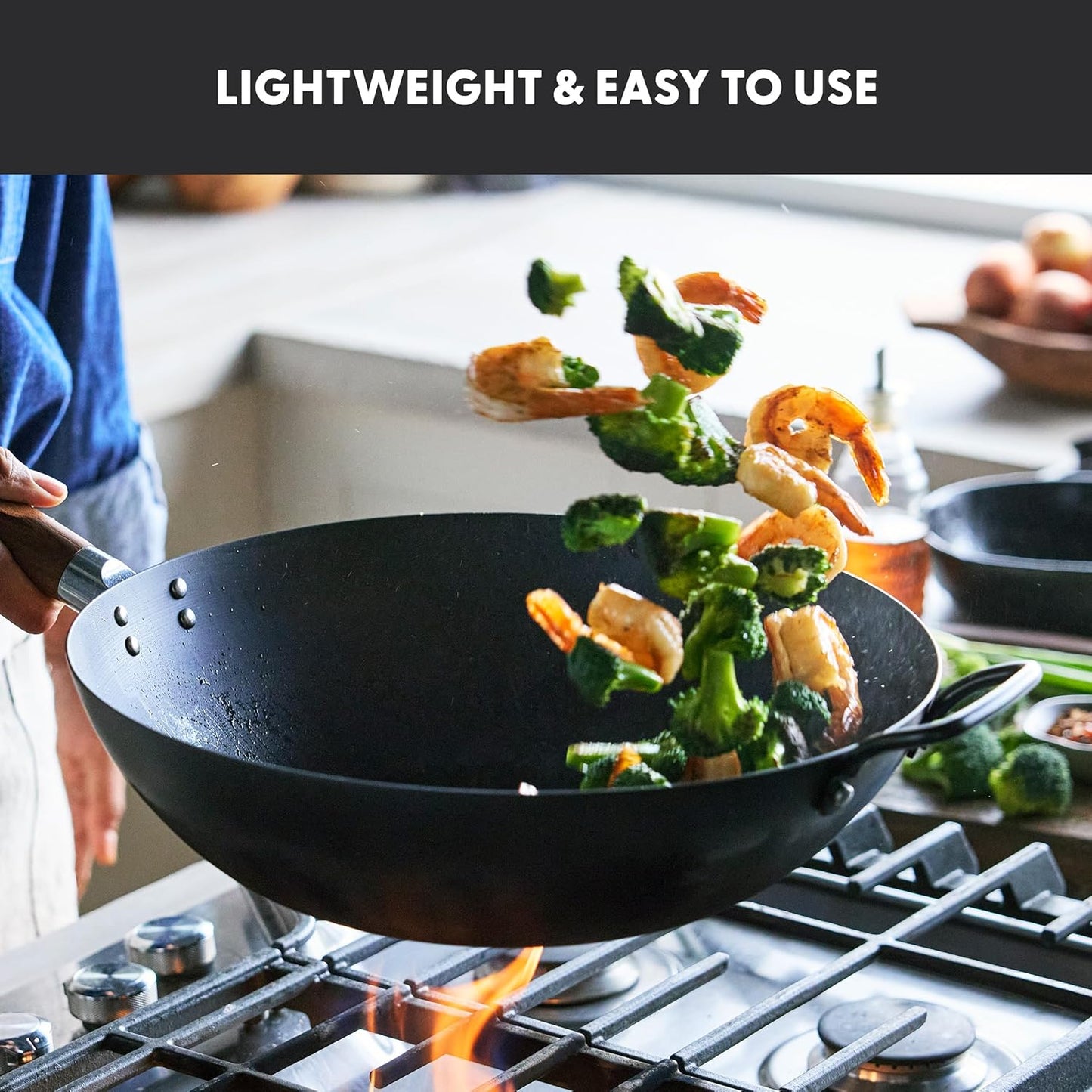 GreenPan Carbon Steel Wok 14”, Flat Bottom, Durable Stir-Fry Pan, Pre-Seasoned Nonstick Patina, High Heat Retention, Induction, Ash Wood Handle, Kyoto, Black