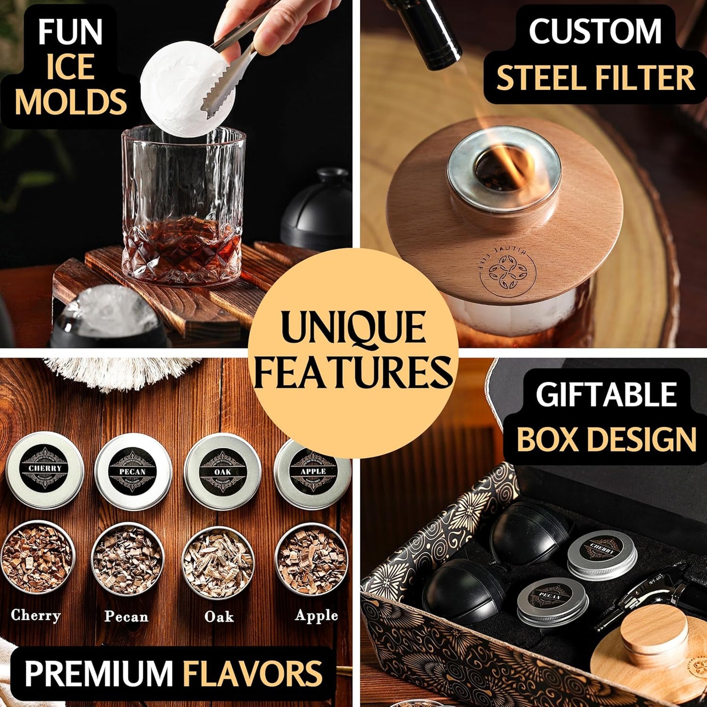Cocktail Smoker Kit - Whiskey Bourbon Drink Smoker with Torch, Custom Top, 2 Ice Ball Makers, 4 Flavors Wood Chips - Smokers for Whiskey Drinks - Cocktail Drink Smoking Kit - Unique Gifts for Him