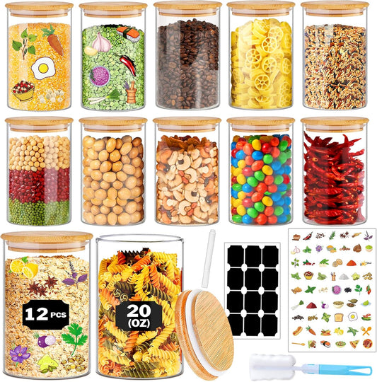 Glass Jars with Bamboo Lids 20 oz, 12 Pcs Stackable Kitchen Glass Pantry Storage Containers with Airtight Bamboo Lids for Rice, Candy, Sugar, Flour, Nuts, Cookie, Bean