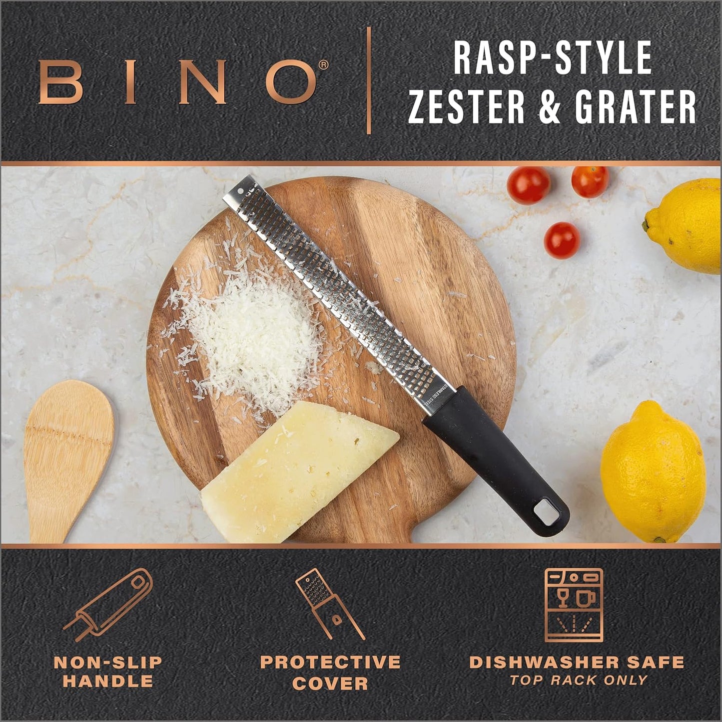BINO Stainless Steel Rasp-Style Grater | Parmesan Grater | Zester Tool | Kitchen Handheld Graters | Culinary Tools | Lemon & Orange Zester | Spice Grater | Cooking & Baking Utensils & Accessories