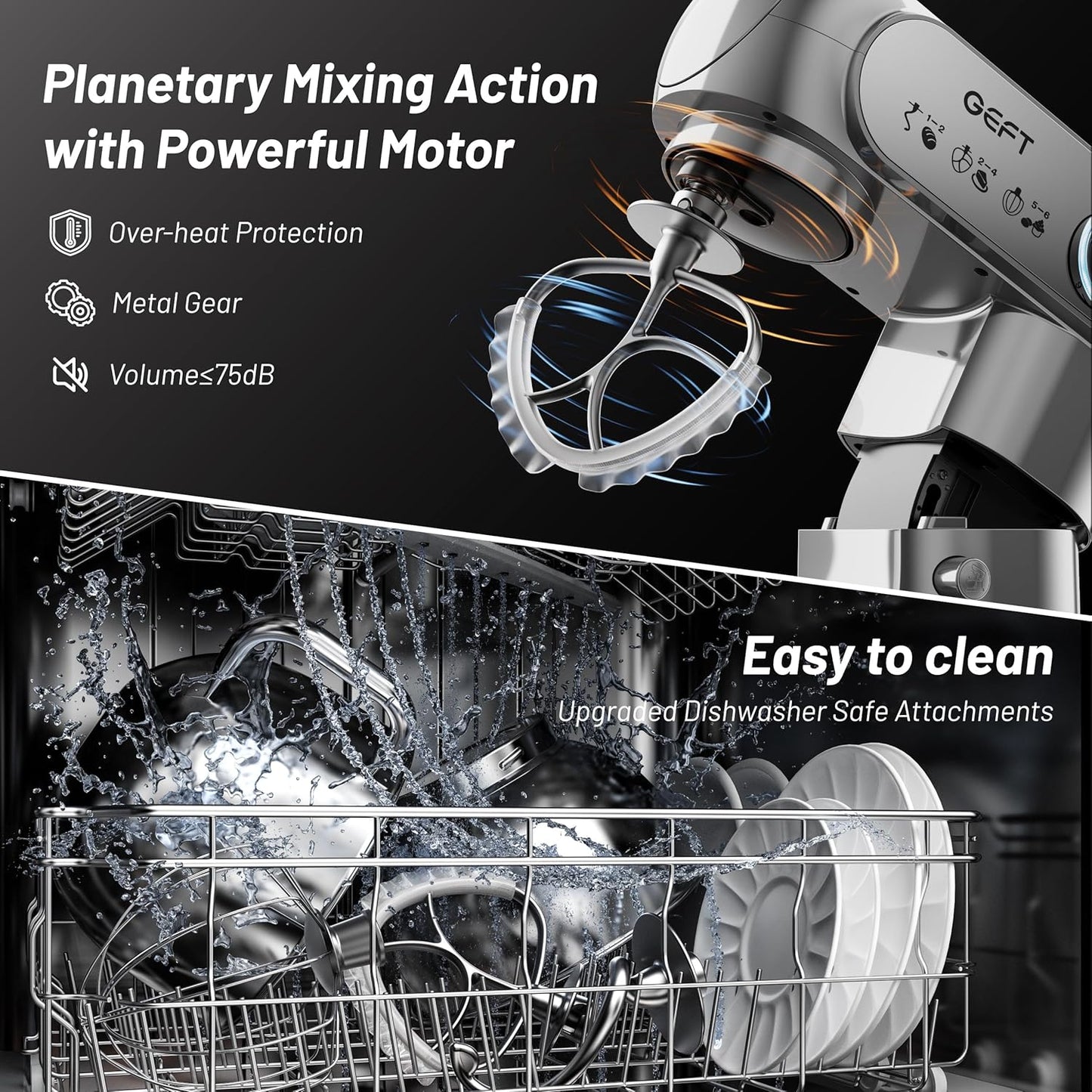 Stand Mixer, 3.5QT+6QT Two Bowls Kitchen Electric Mixer, 600W 6+P speed Tilt-Head Food Mixer with Stainless Steel Bowl, Dishwasher-Safe Dough Hook, Flat Beater, Wire Whisk, Splash Guard, Grey