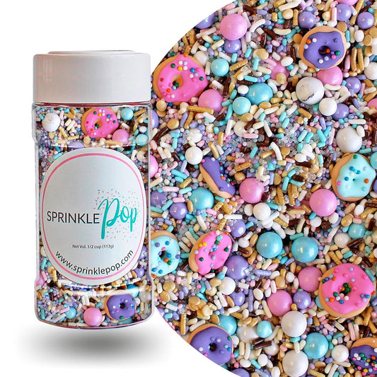 Sprinkle Pop Donut Sprinkle Mix| Lavender White Gold Pink Blue Sprinkle Mix with ~12 Sprinkled Donuts Royal Icings| Birthday Decorating Sprinkles Made in USA for Cupcakes Cakes Cookies Donuts, 4oz